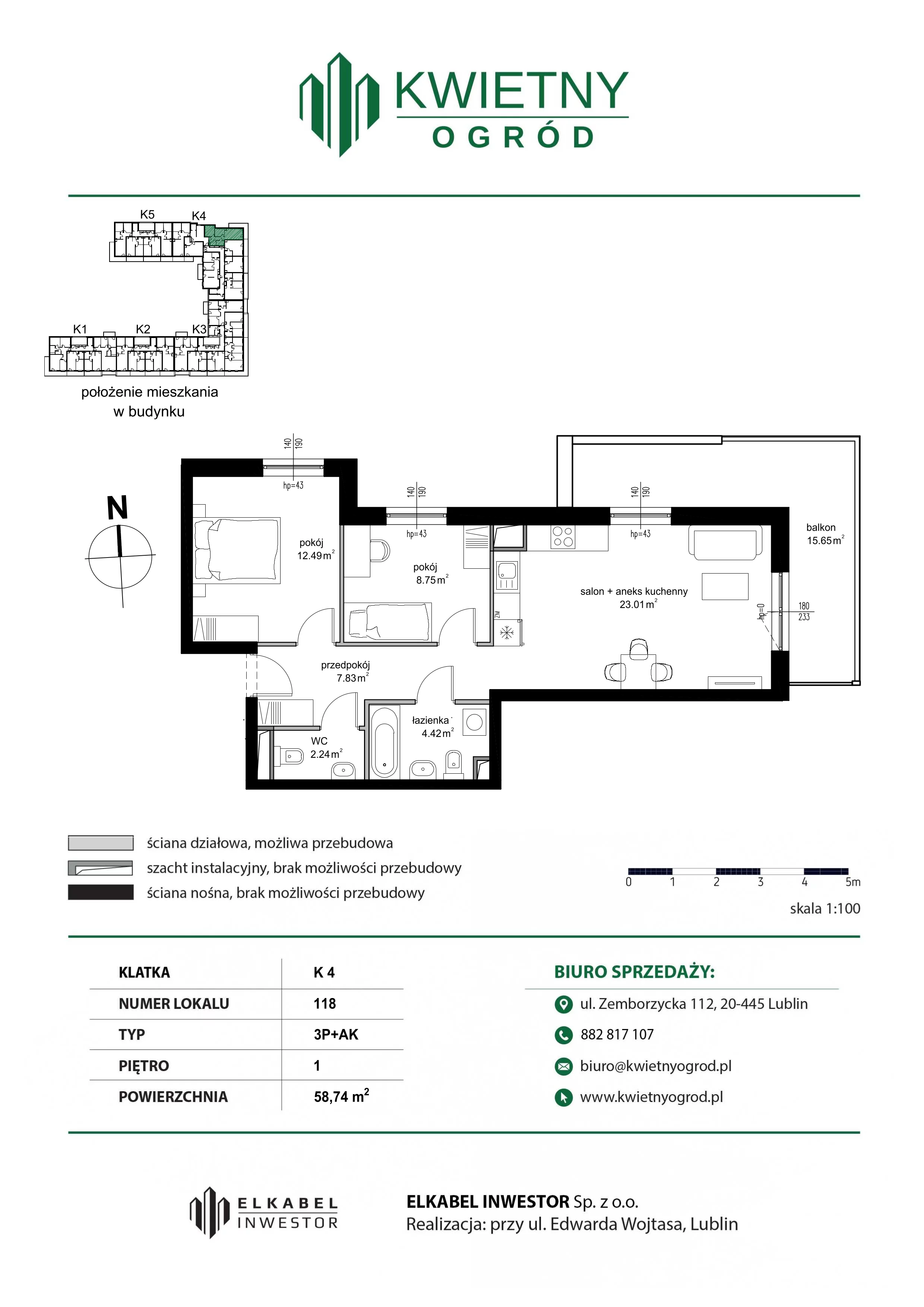 3 pokoje, mieszkanie 58,74 m², piętro 1, oferta nr M118, Kwietny Ogród, Lublin, Czechów Północny, Czechów Północny, ul. Edwarda Wojtasa