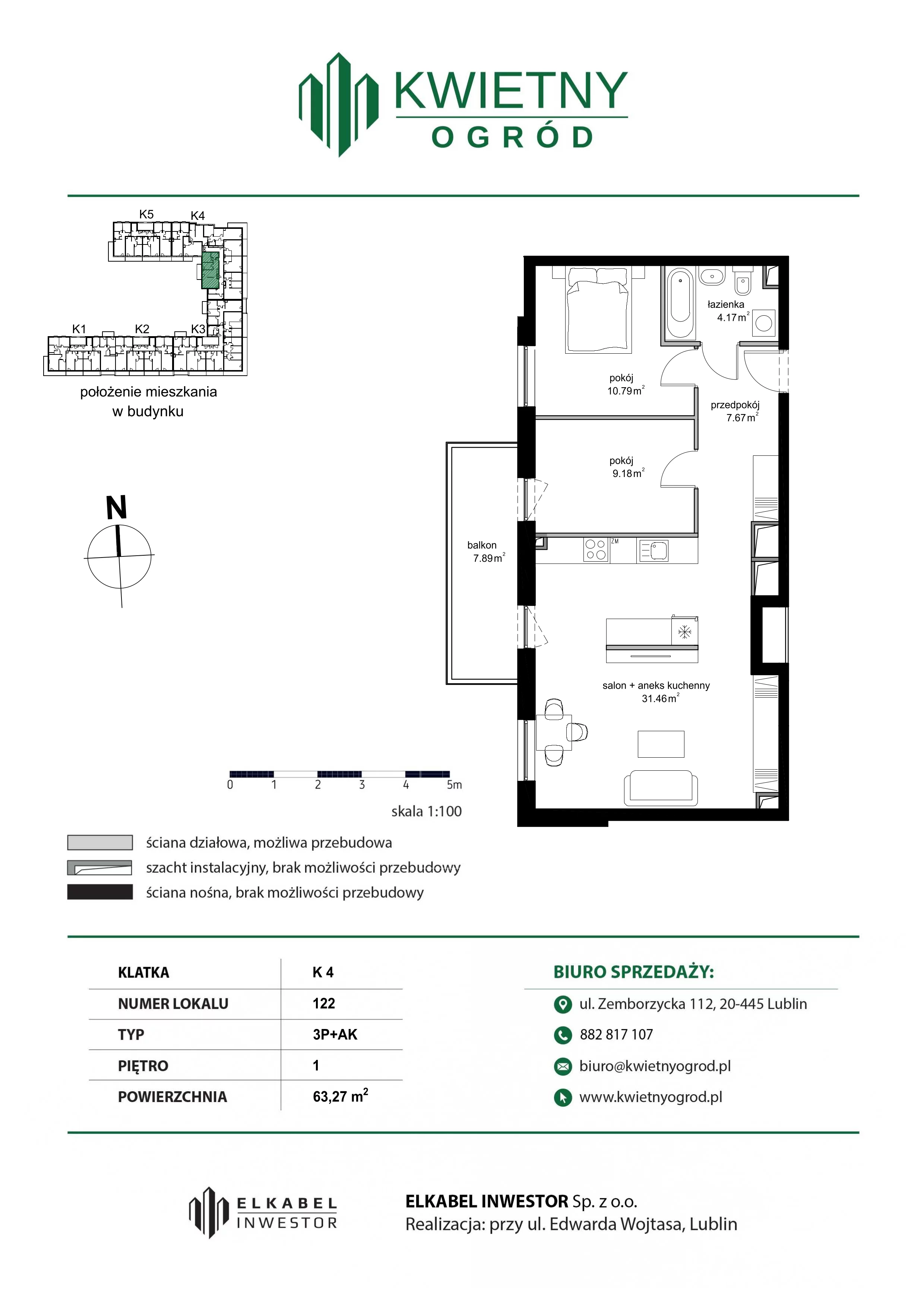 3 pokoje, mieszkanie 63,27 m², piętro 1, oferta nr M122, Kwietny Ogród, Lublin, Czechów Północny, Czechów Północny, ul. Edwarda Wojtasa