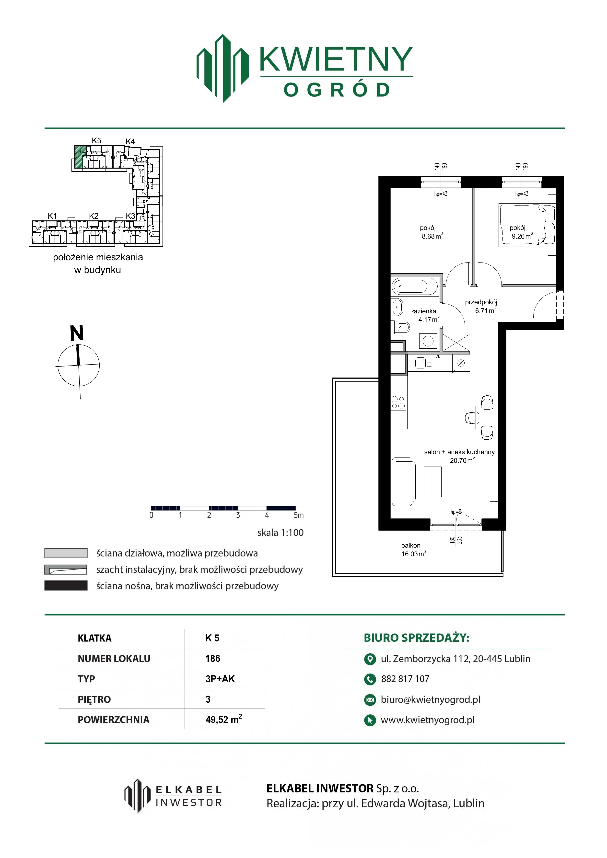 3 pokoje, mieszkanie 49,52 m², piętro 3, oferta nr M186, Kwietny Ogród, Lublin, Czechów Północny, Czechów Północny, ul. Edwarda Wojtasa