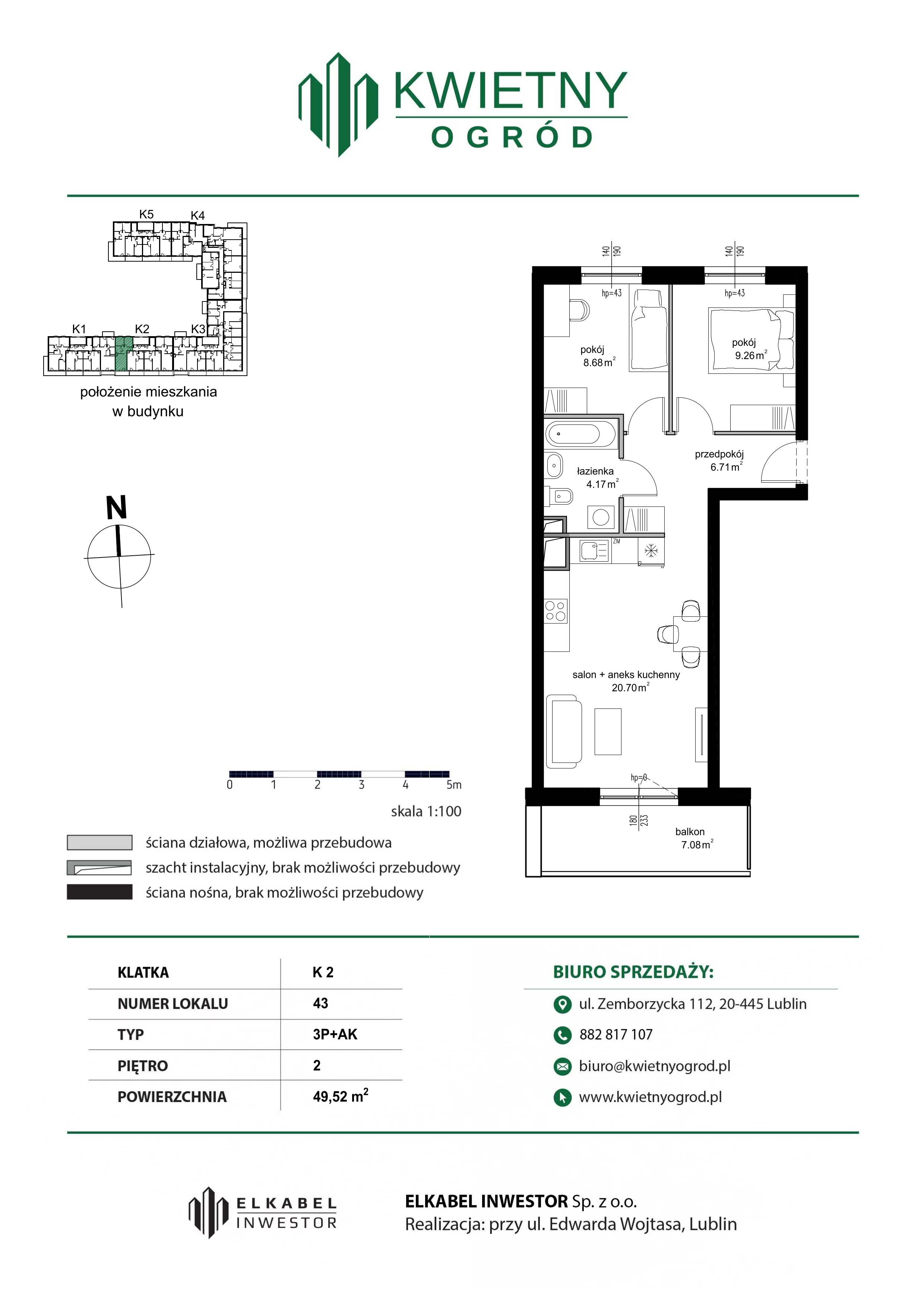 3 pokoje, mieszkanie 49,52 m², piętro 2, oferta nr M43, Kwietny Ogród, Lublin, Czechów Północny, Czechów Północny, ul. Edwarda Wojtasa