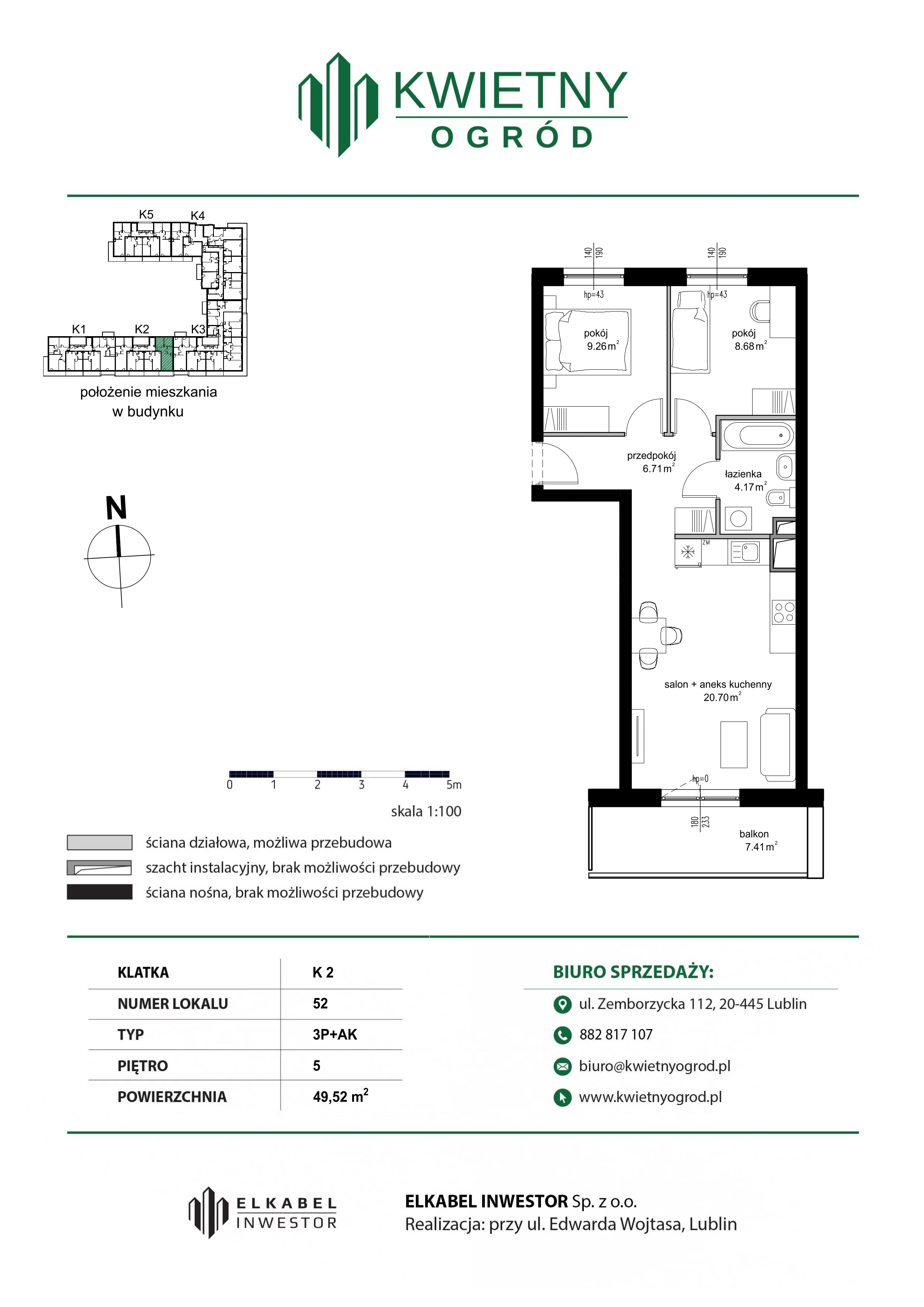 3 pokoje, mieszkanie 49,52 m², piętro 5, oferta nr M52, Kwietny Ogród, Lublin, Czechów Północny, Czechów Północny, ul. Edwarda Wojtasa
