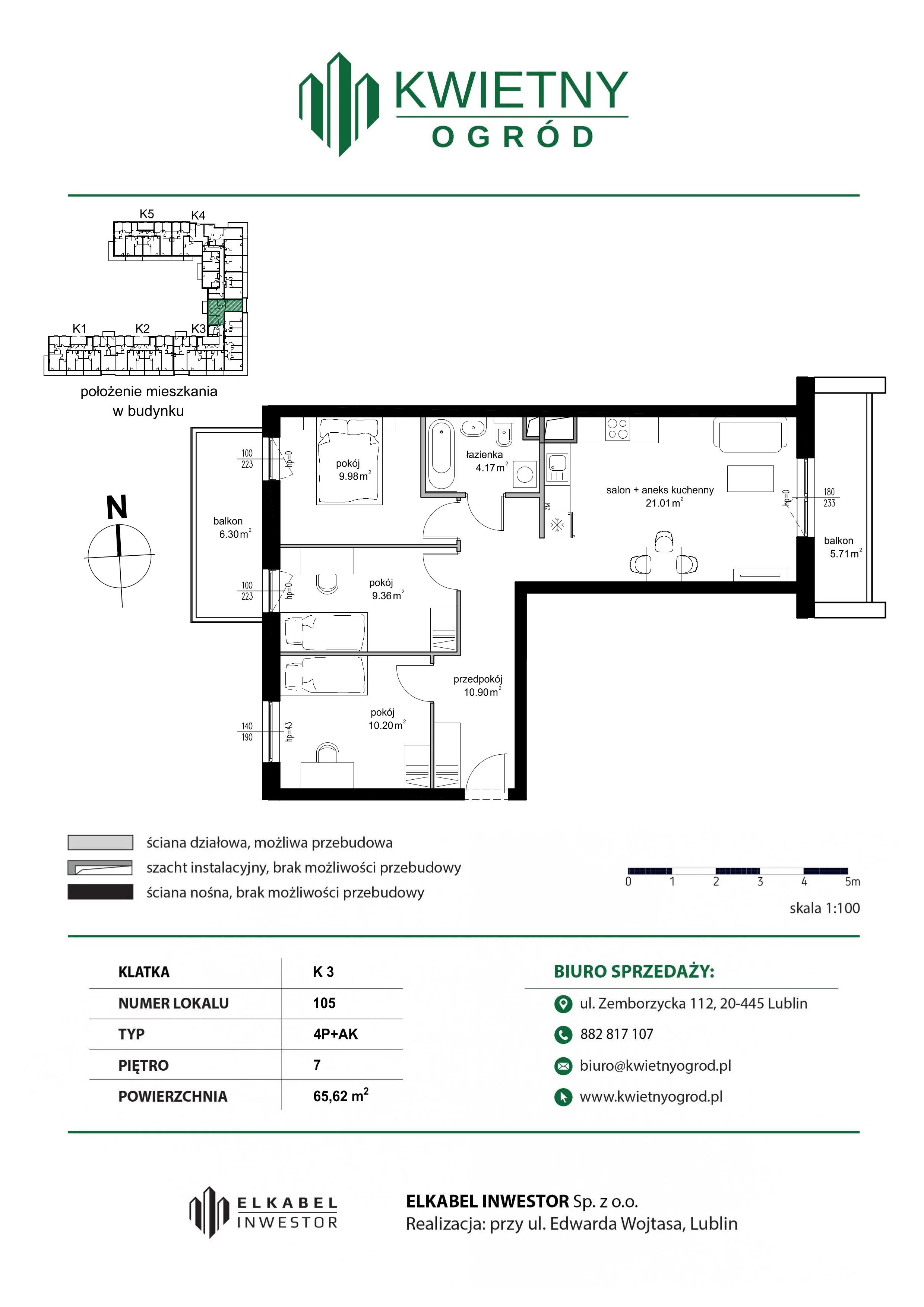 4 pokoje, mieszkanie 65,62 m², piętro 7, oferta nr M105, Kwietny Ogród, Lublin, Czechów Północny, Czechów Północny, ul. Edwarda Wojtasa