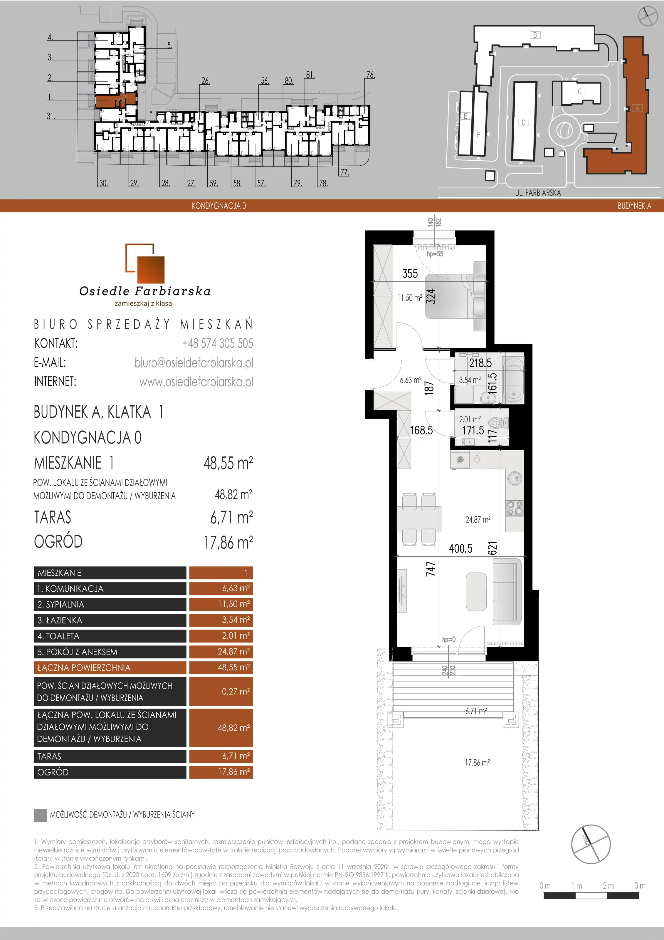 2 pokoje, mieszkanie 48,55 m², parter, oferta nr A1, Osiedle Farbiarska, Tomaszów Mazowiecki, ul. Farbiarska 28, 32, 34