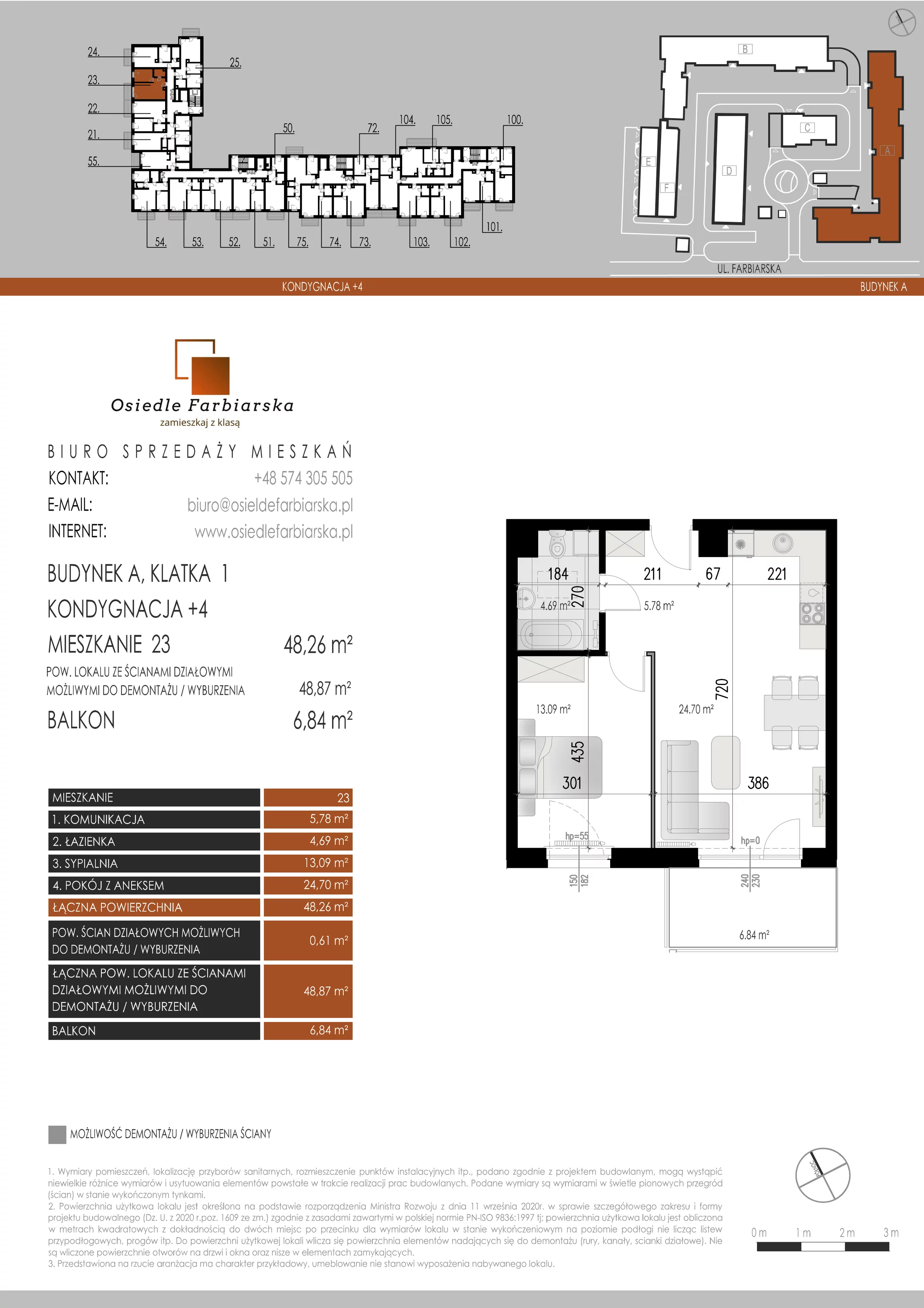2 pokoje, mieszkanie 48,26 m², piętro 4, oferta nr A23, Osiedle Farbiarska, Tomaszów Mazowiecki, ul. Farbiarska 28, 32, 34