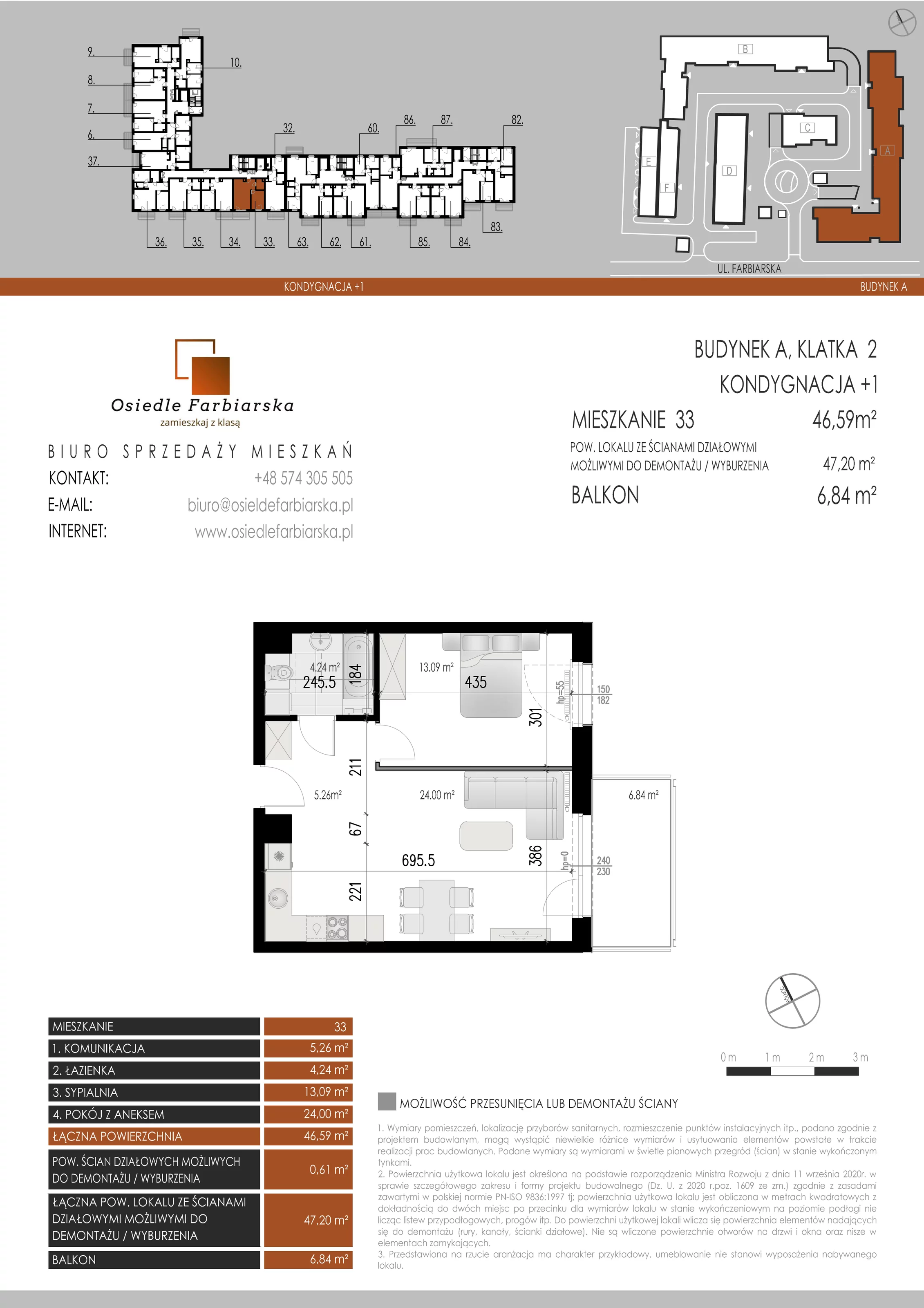 2 pokoje, mieszkanie 46,59 m², piętro 1, oferta nr A33, Osiedle Farbiarska, Tomaszów Mazowiecki, ul. Farbiarska 28, 32, 34