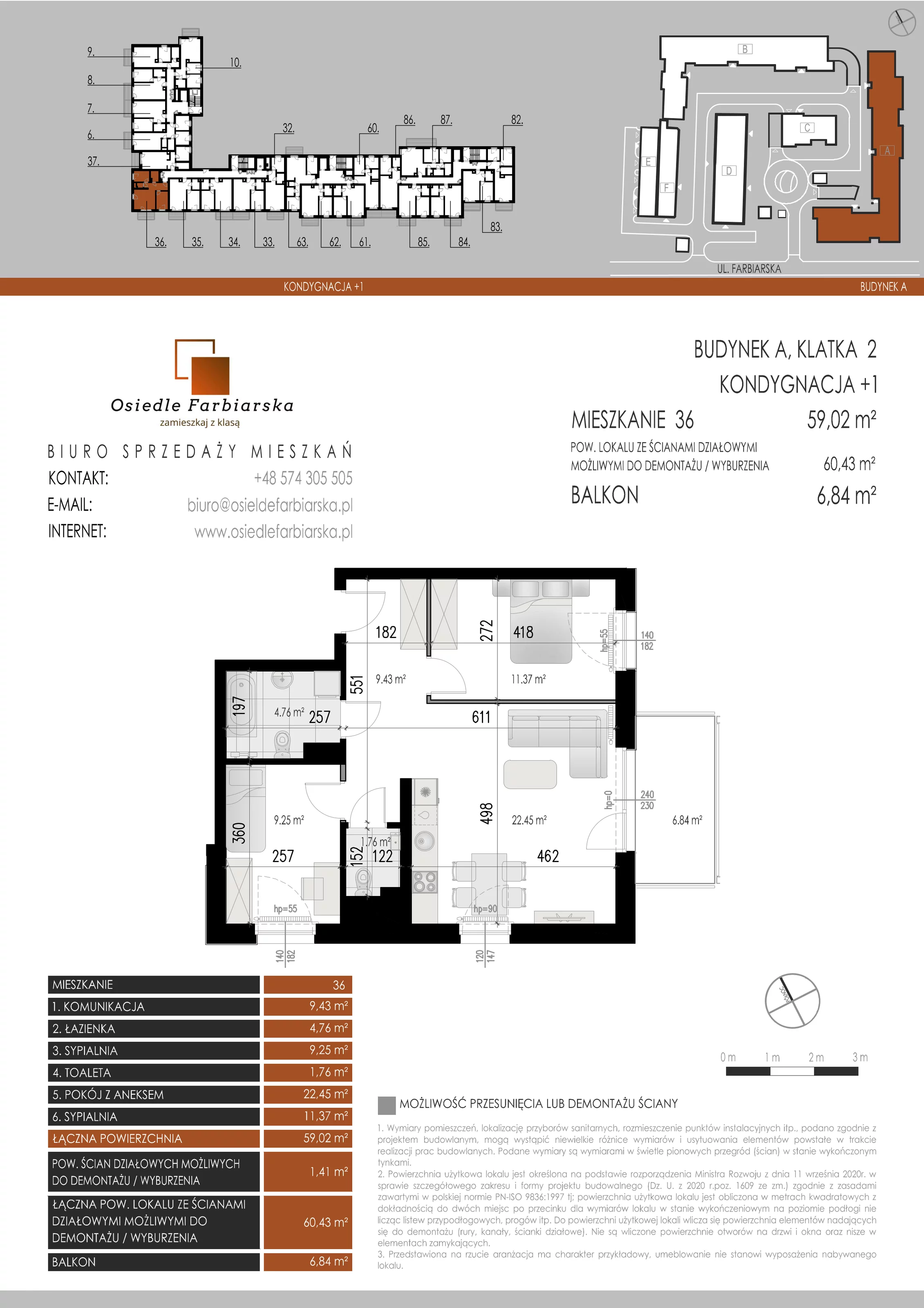 3 pokoje, mieszkanie 59,02 m², piętro 1, oferta nr A36, Osiedle Farbiarska, Tomaszów Mazowiecki, ul. Farbiarska 28, 32, 34