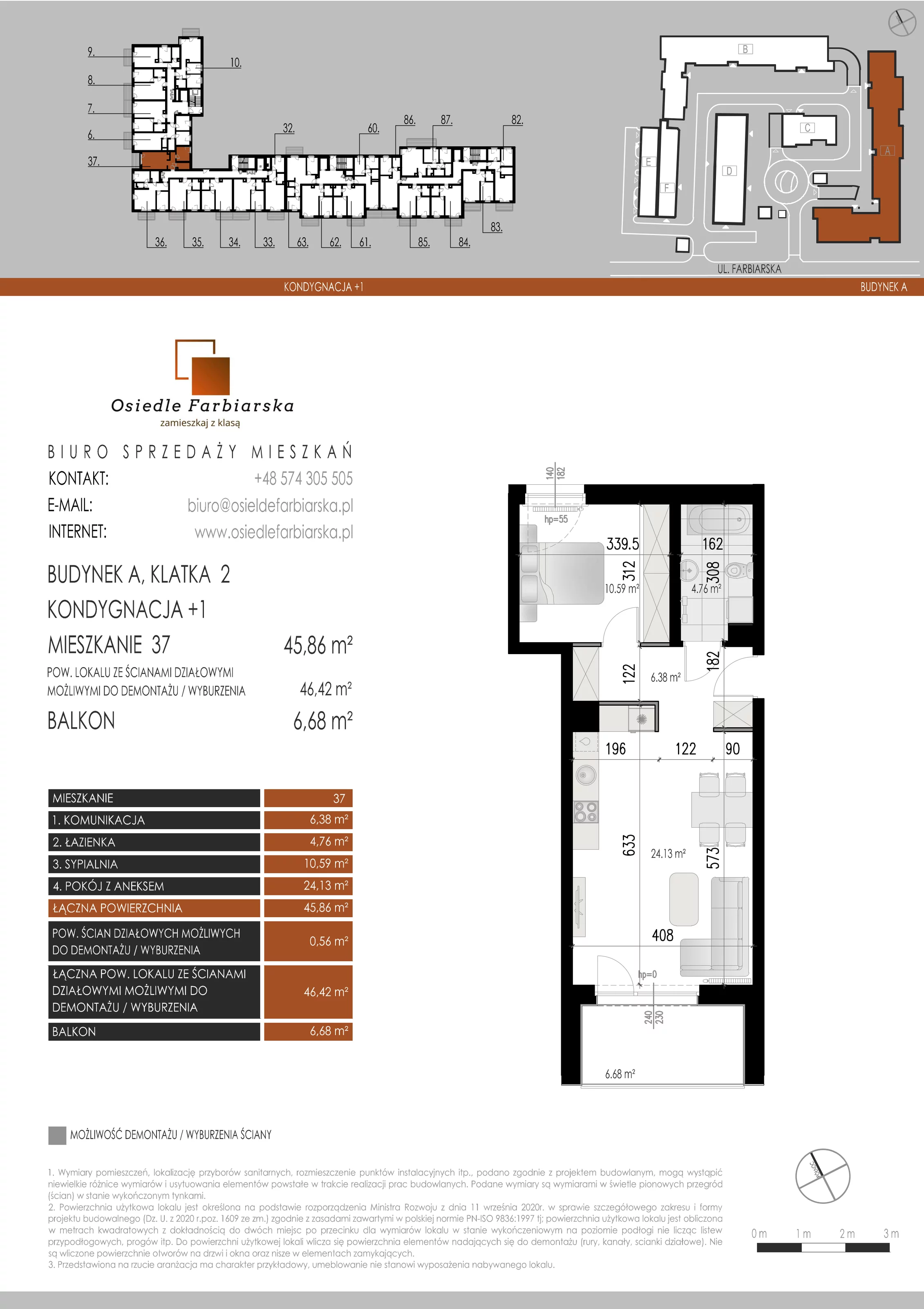 2 pokoje, mieszkanie 45,86 m², piętro 1, oferta nr A37, Osiedle Farbiarska, Tomaszów Mazowiecki, ul. Farbiarska 28, 32, 34