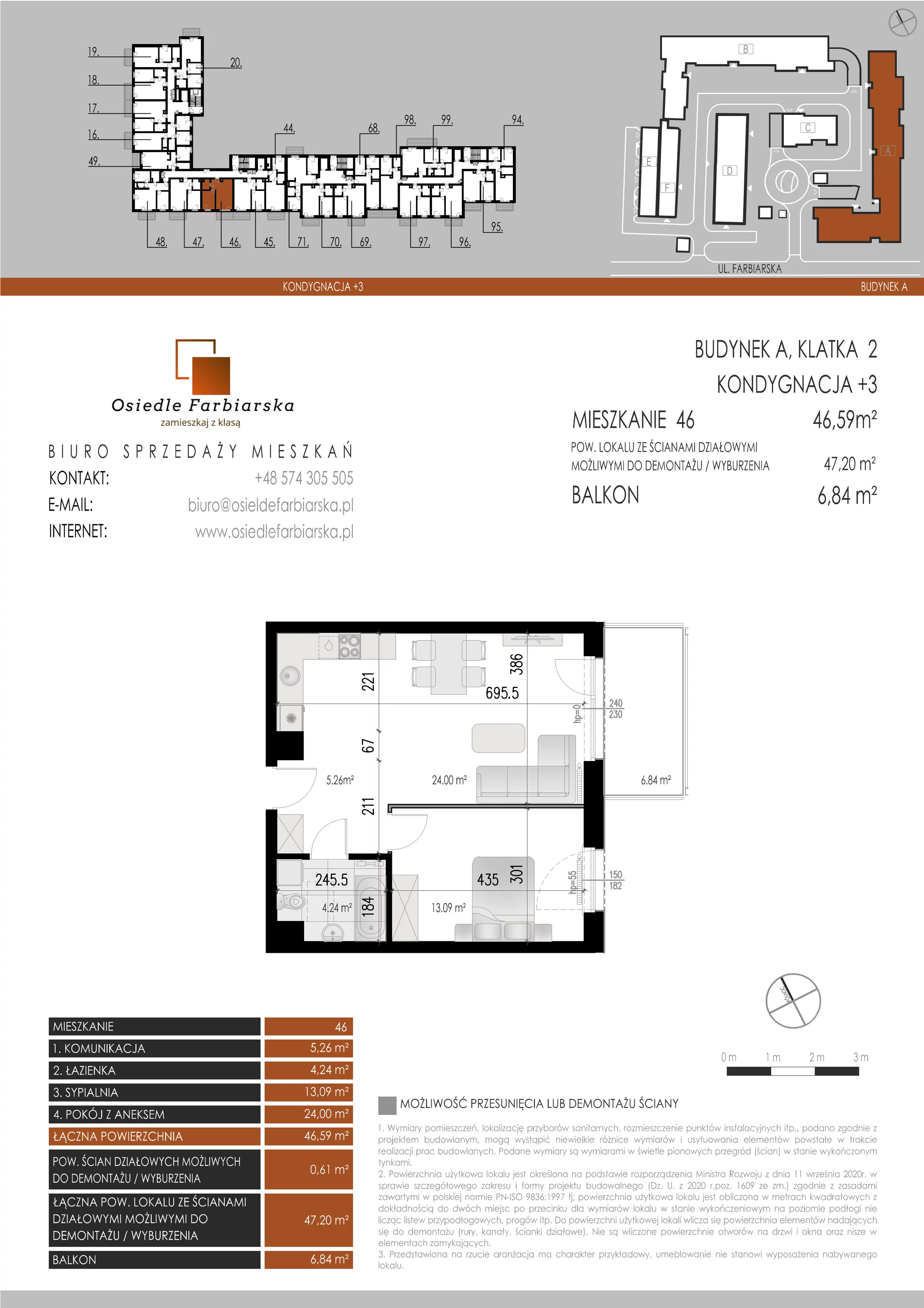 2 pokoje, mieszkanie 46,59 m², piętro 3, oferta nr A46, Osiedle Farbiarska, Tomaszów Mazowiecki, ul. Farbiarska 28, 32, 34