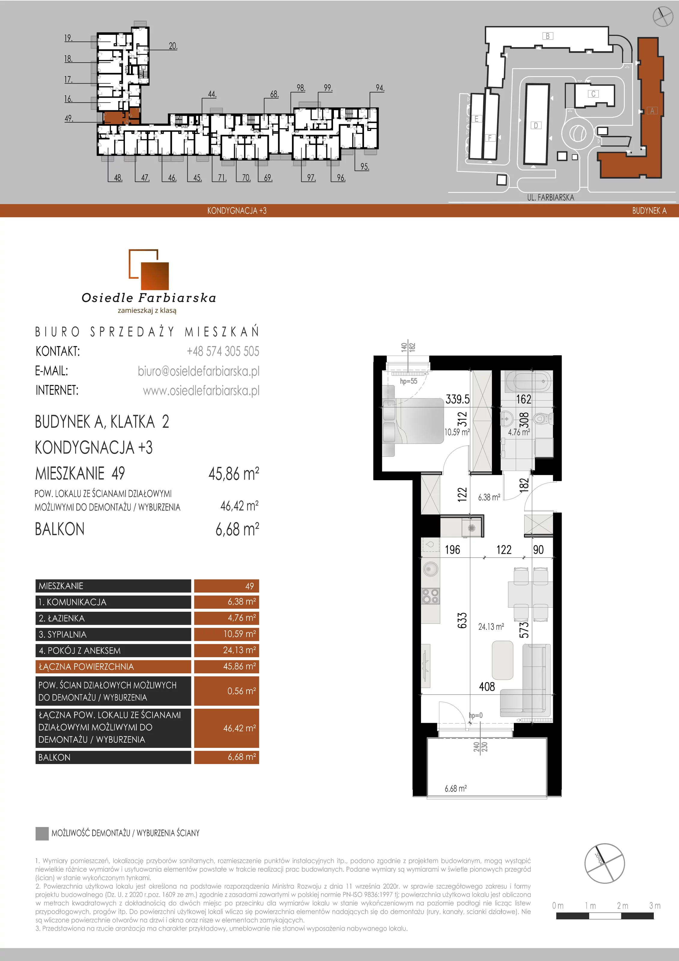 2 pokoje, mieszkanie 45,86 m², piętro 3, oferta nr A49, Osiedle Farbiarska, Tomaszów Mazowiecki, ul. Farbiarska 28, 32, 34