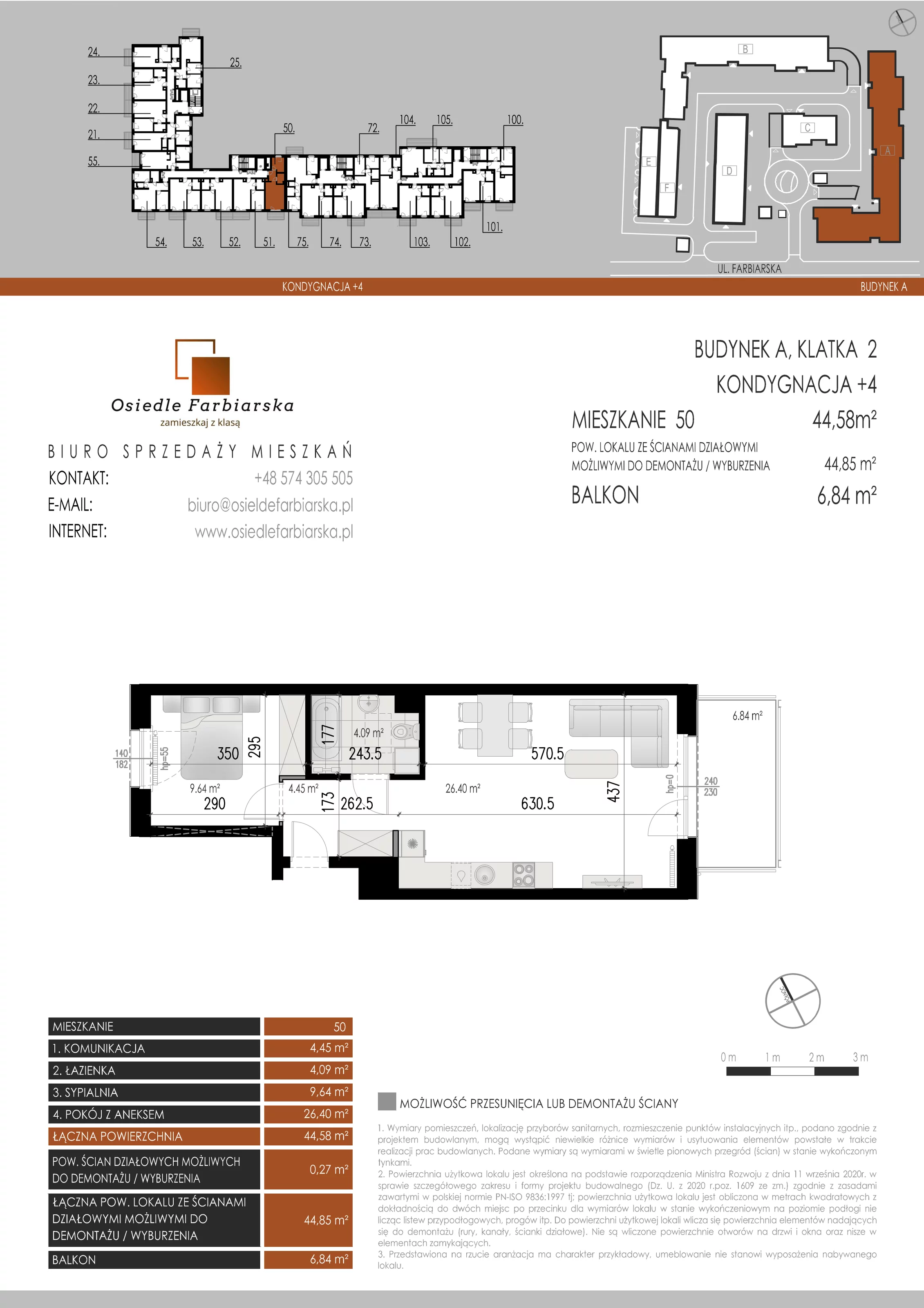 2 pokoje, mieszkanie 44,58 m², piętro 4, oferta nr A50, Osiedle Farbiarska, Tomaszów Mazowiecki, ul. Farbiarska 28, 32, 34