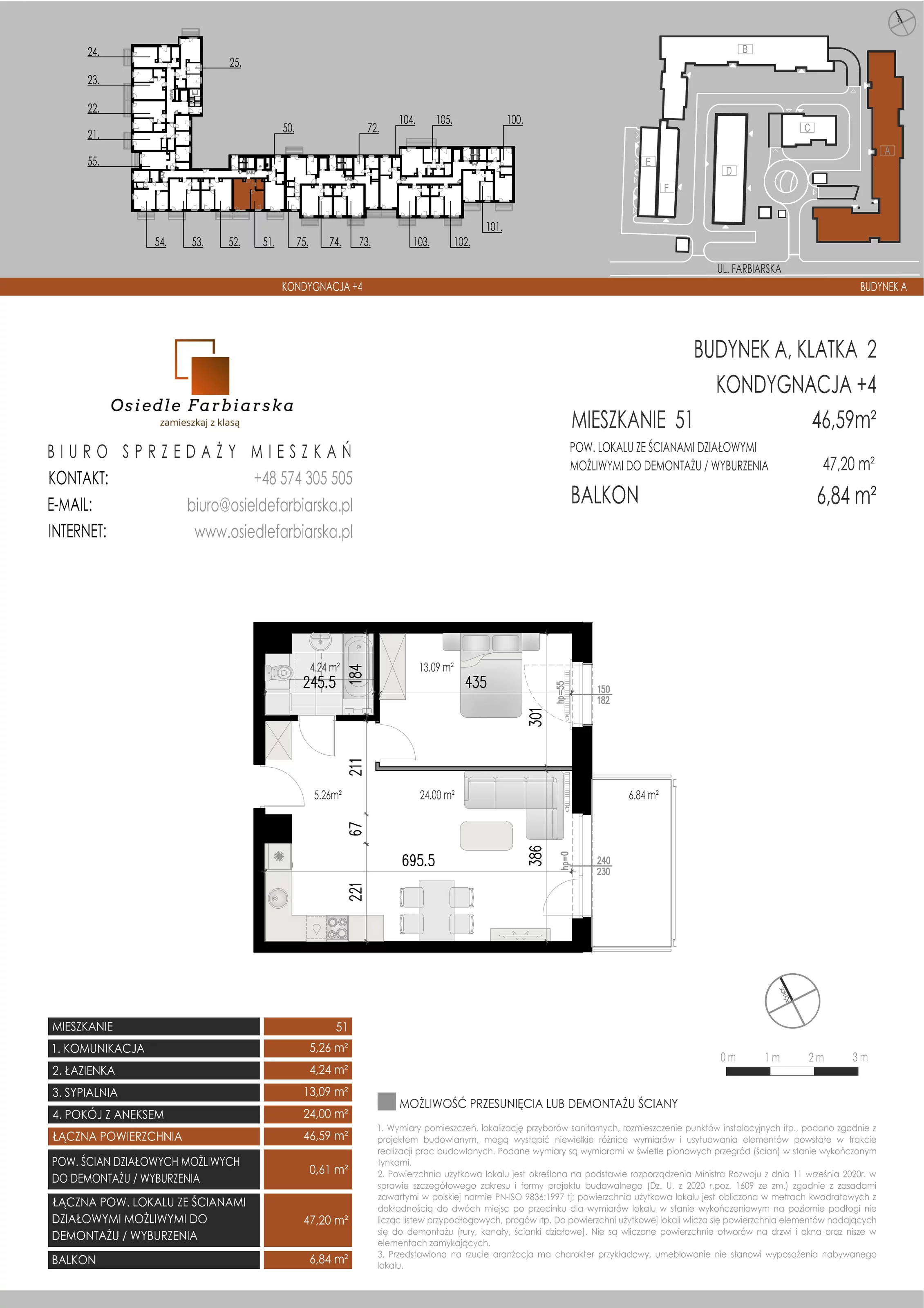 2 pokoje, mieszkanie 46,59 m², piętro 4, oferta nr A51, Osiedle Farbiarska, Tomaszów Mazowiecki, ul. Farbiarska 28, 32, 34