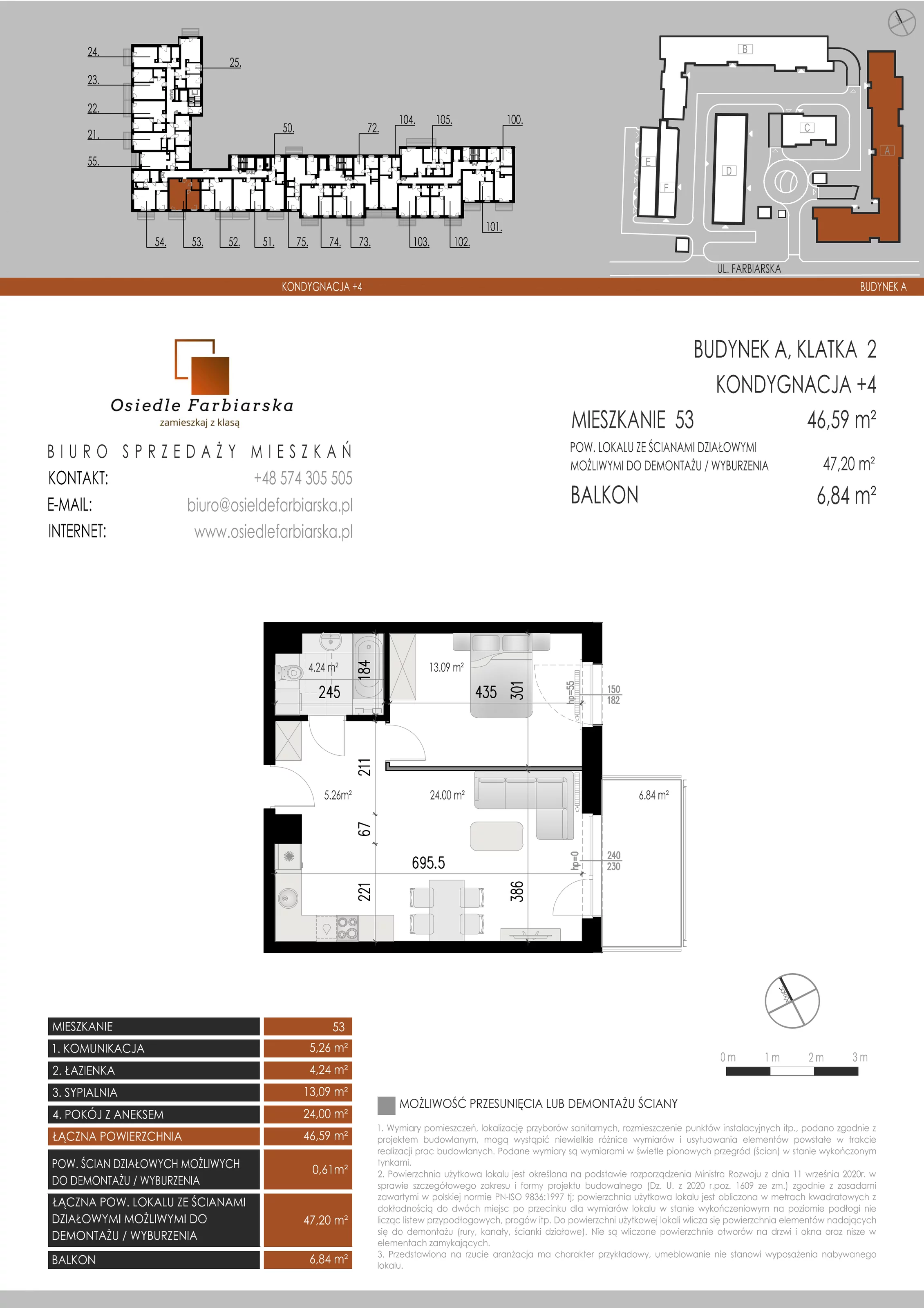 2 pokoje, mieszkanie 46,59 m², piętro 4, oferta nr A53, Osiedle Farbiarska, Tomaszów Mazowiecki, ul. Farbiarska 28, 32, 34
