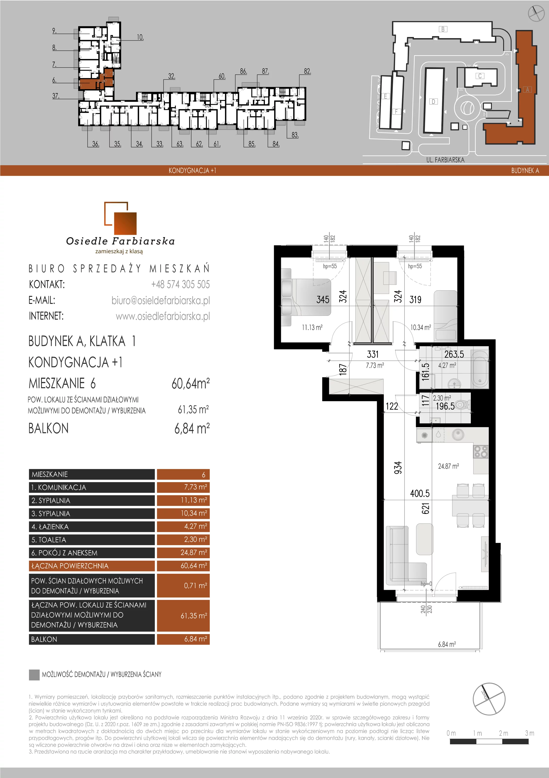 3 pokoje, mieszkanie 60,64 m², piętro 1, oferta nr A6, Osiedle Farbiarska, Tomaszów Mazowiecki, ul. Farbiarska 28, 32, 34