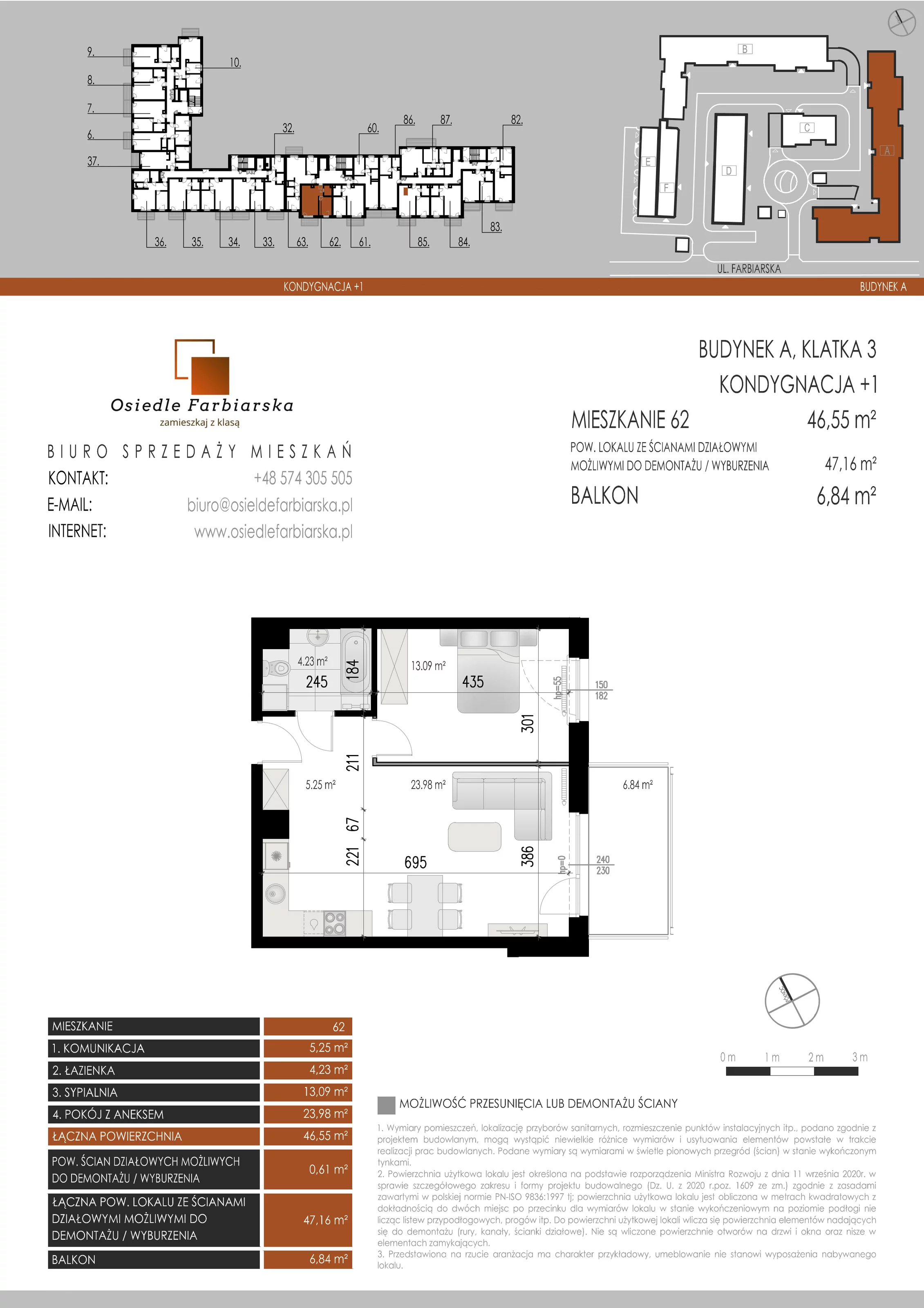 2 pokoje, mieszkanie 46,55 m², piętro 1, oferta nr A62, Osiedle Farbiarska, Tomaszów Mazowiecki, ul. Farbiarska 28, 32, 34