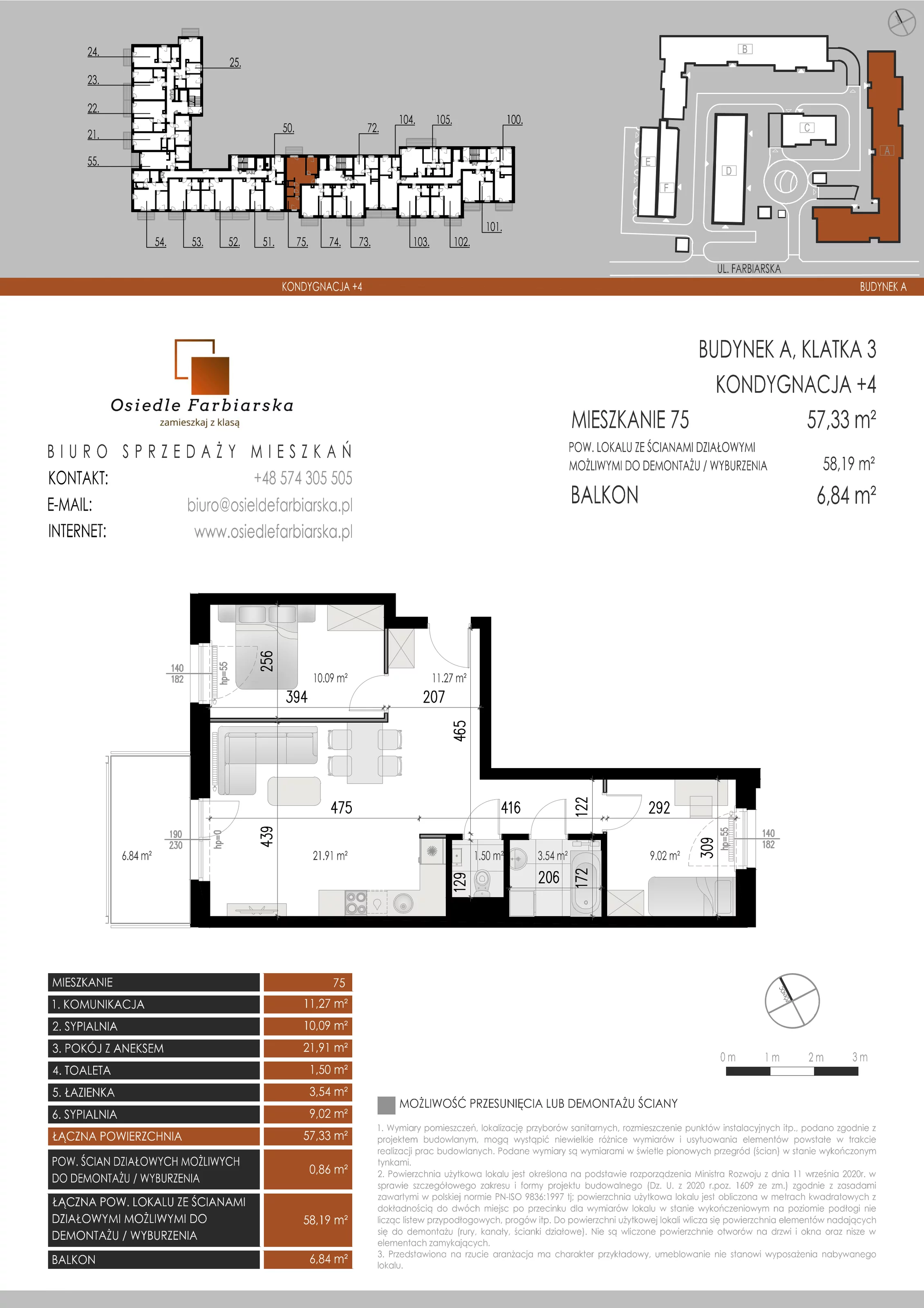 3 pokoje, mieszkanie 57,33 m², piętro 4, oferta nr A75, Osiedle Farbiarska, Tomaszów Mazowiecki, ul. Farbiarska 28, 32, 34