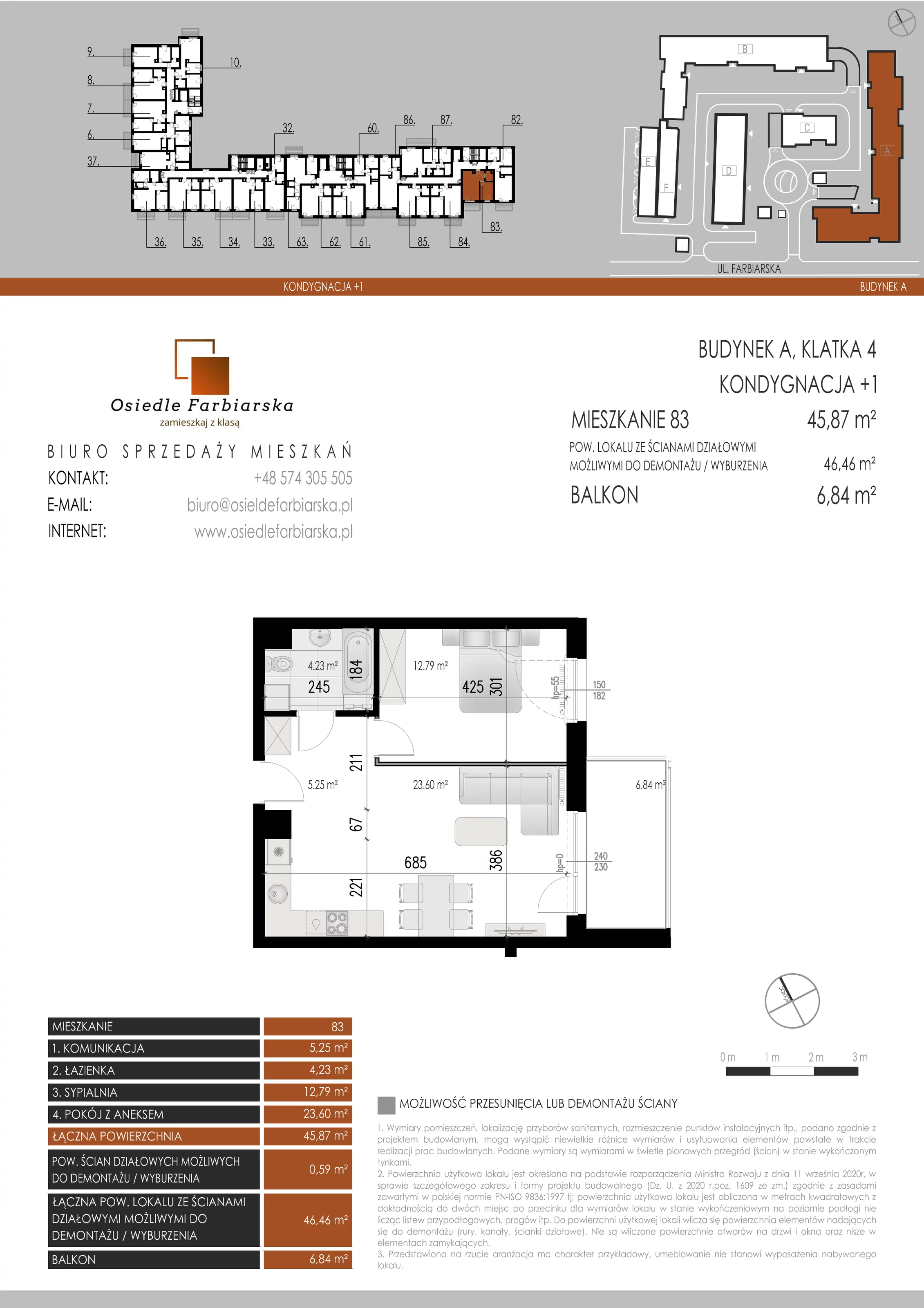 2 pokoje, mieszkanie 45,87 m², piętro 1, oferta nr A83, Osiedle Farbiarska, Tomaszów Mazowiecki, ul. Farbiarska 28, 32, 34