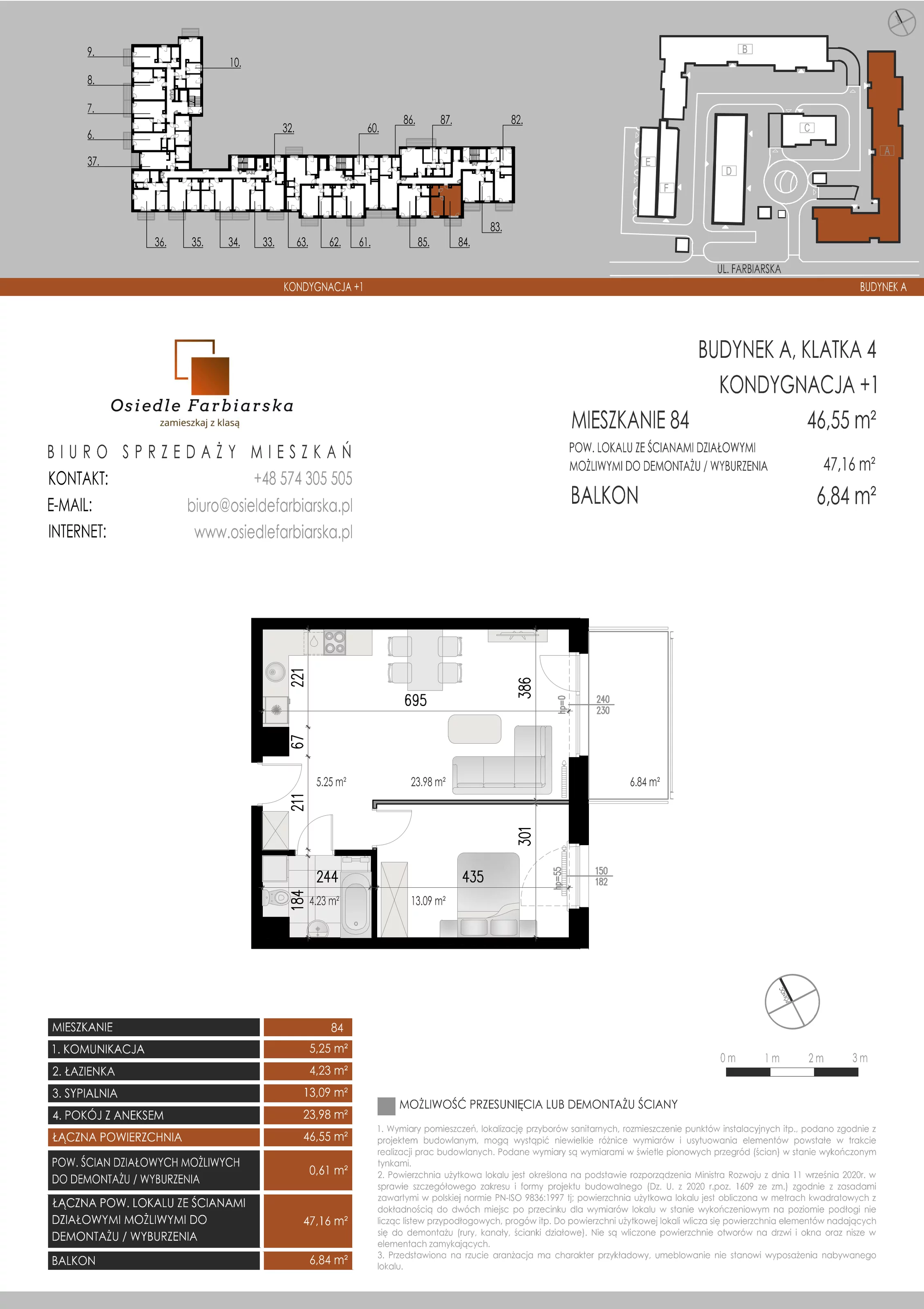 2 pokoje, mieszkanie 46,55 m², piętro 1, oferta nr A84, Osiedle Farbiarska, Tomaszów Mazowiecki, ul. Farbiarska 28, 32, 34