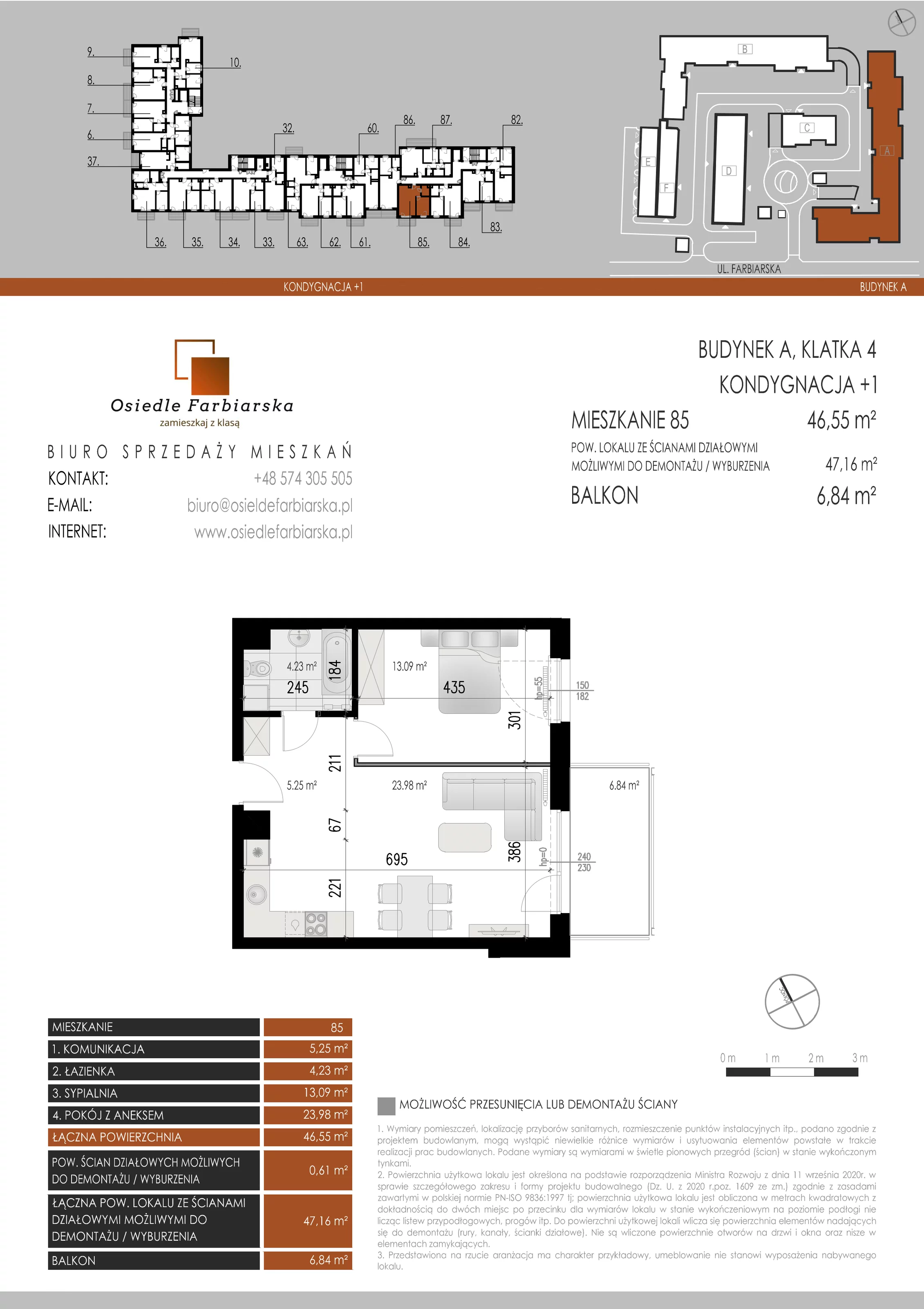2 pokoje, mieszkanie 46,55 m², piętro 1, oferta nr A85, Osiedle Farbiarska, Tomaszów Mazowiecki, ul. Farbiarska 28, 32, 34