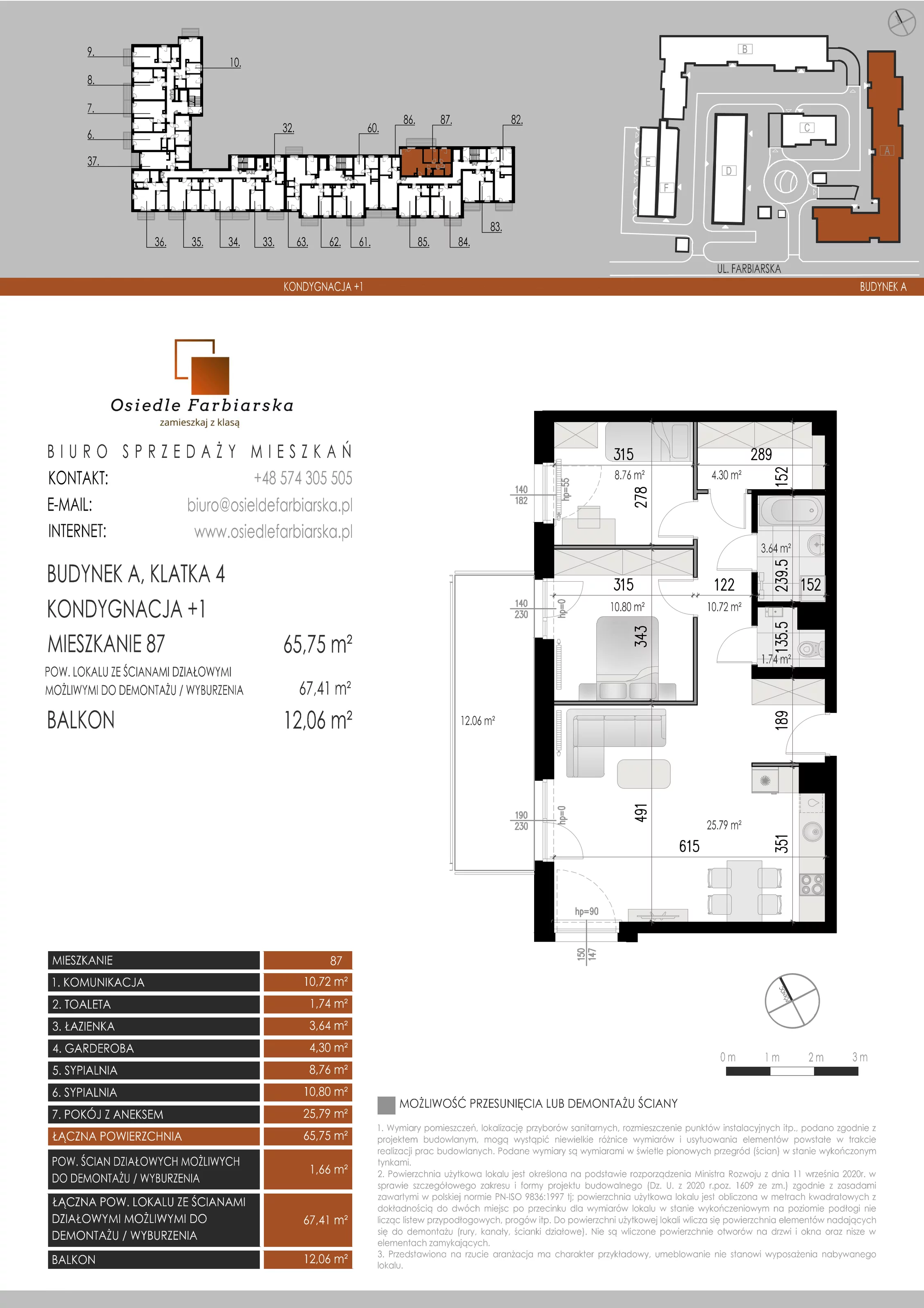 3 pokoje, mieszkanie 65,75 m², piętro 1, oferta nr A87, Osiedle Farbiarska, Tomaszów Mazowiecki, ul. Farbiarska 28, 32, 34