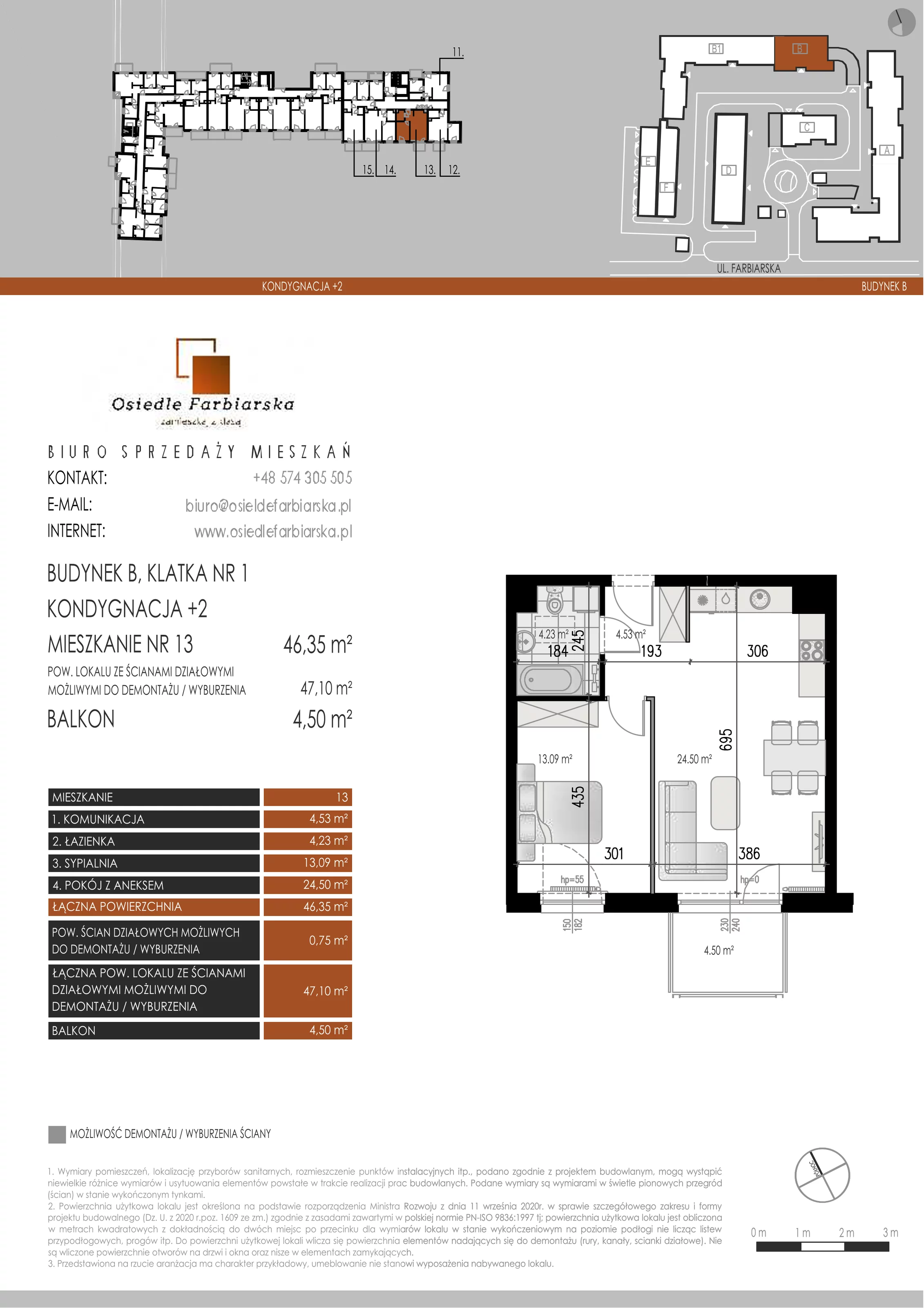 2 pokoje, mieszkanie 46,35 m², piętro 2, oferta nr B13, Osiedle Farbiarska, Tomaszów Mazowiecki, ul. Farbiarska 28, 32, 34