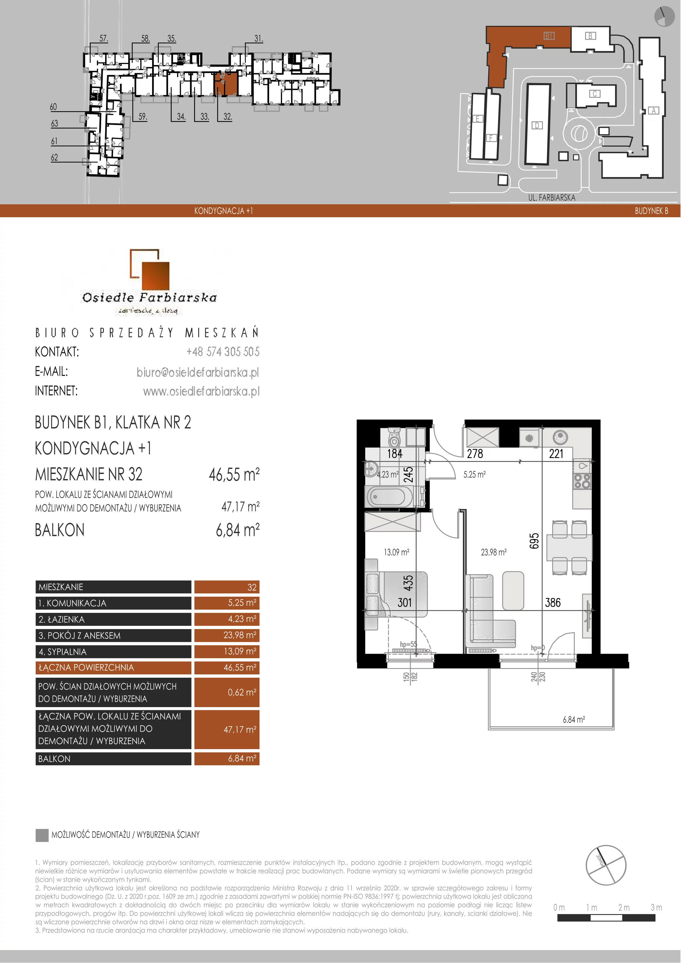 2 pokoje, mieszkanie 46,55 m², piętro 1, oferta nr B1.32, Osiedle Farbiarska, Tomaszów Mazowiecki, ul. Farbiarska 28, 32, 34