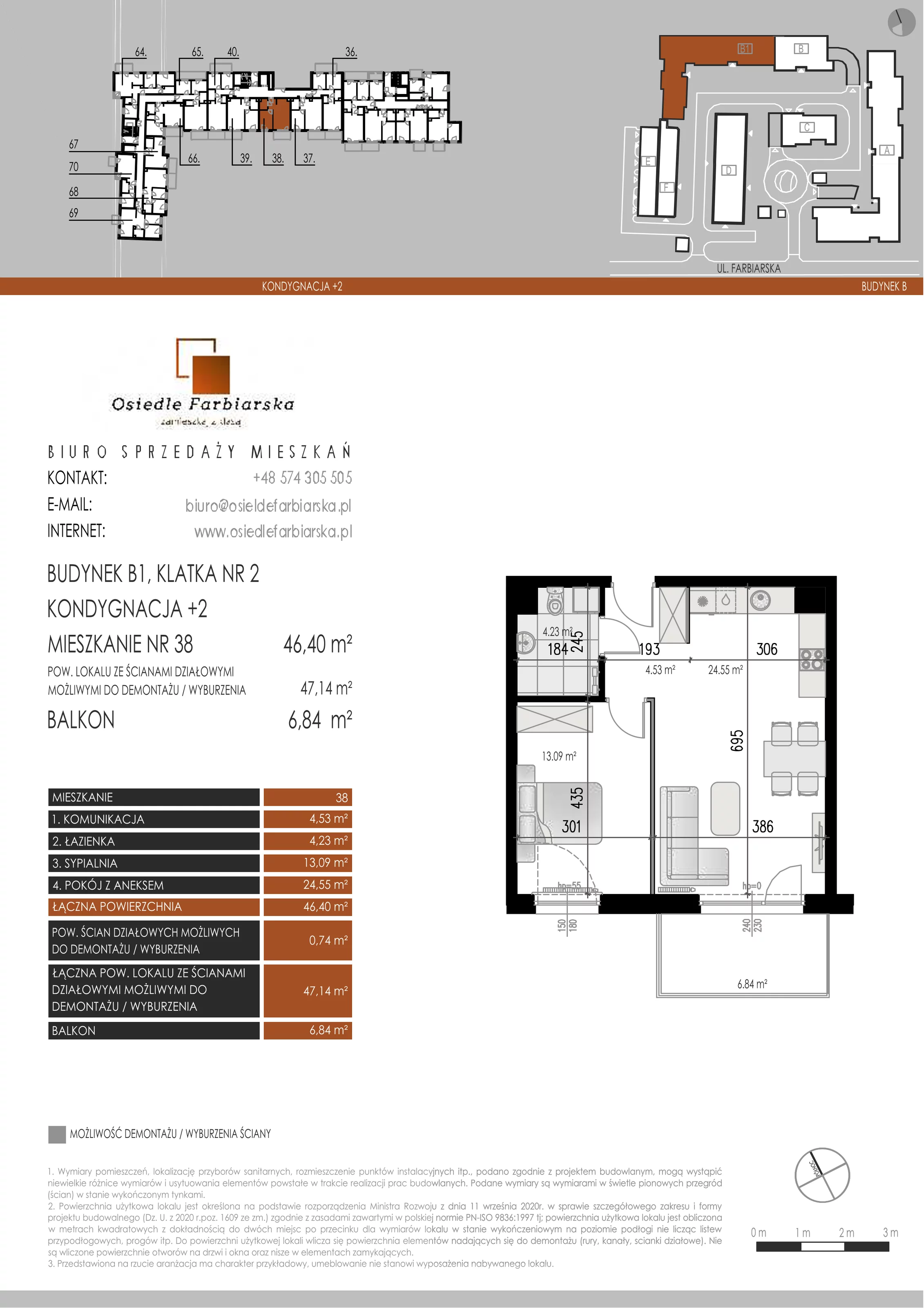2 pokoje, mieszkanie 46,40 m², piętro 2, oferta nr B1.38, Osiedle Farbiarska, Tomaszów Mazowiecki, ul. Farbiarska 28, 32, 34