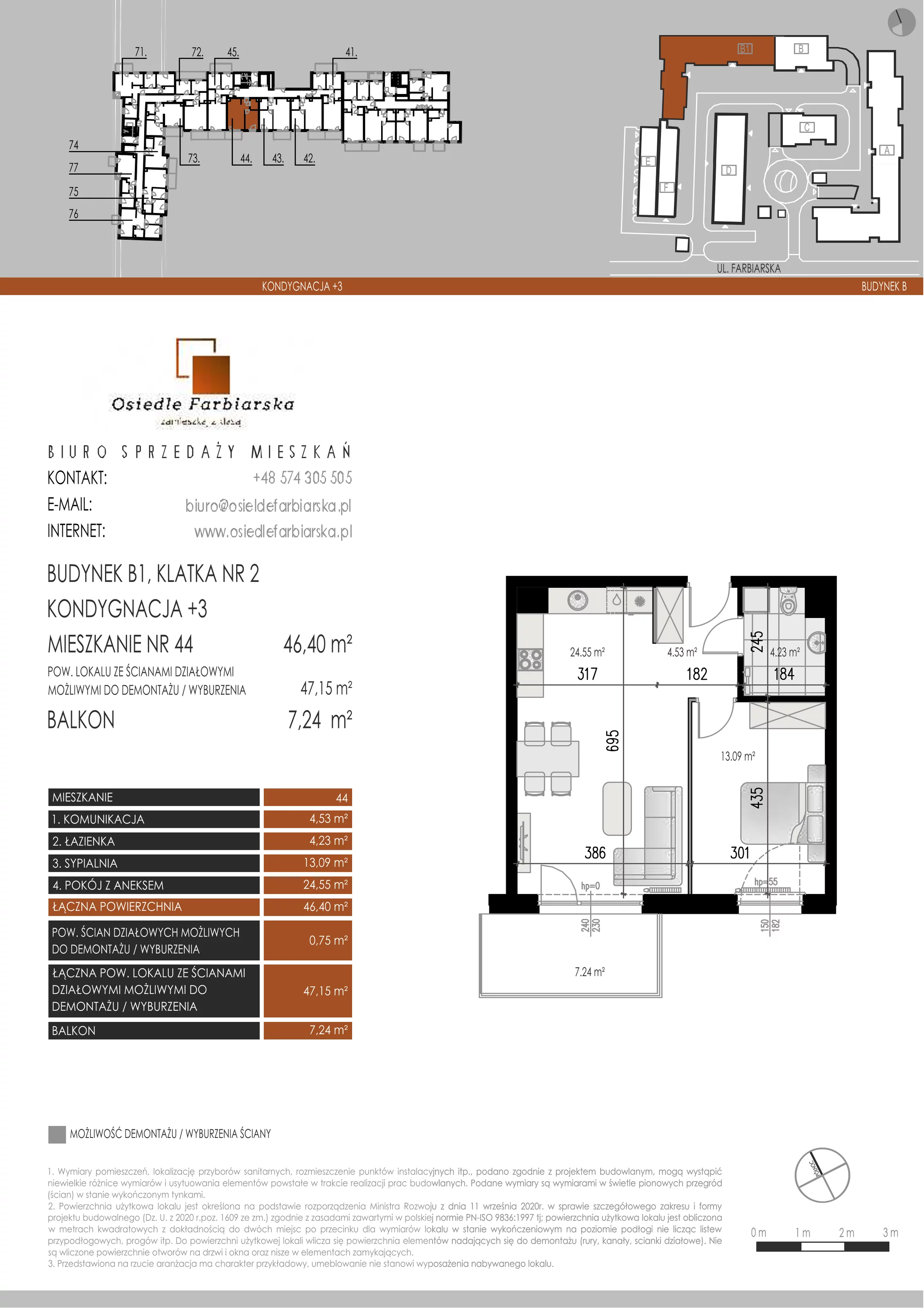 2 pokoje, mieszkanie 46,40 m², piętro 3, oferta nr B1.44, Osiedle Farbiarska, Tomaszów Mazowiecki, ul. Farbiarska 28, 32, 34