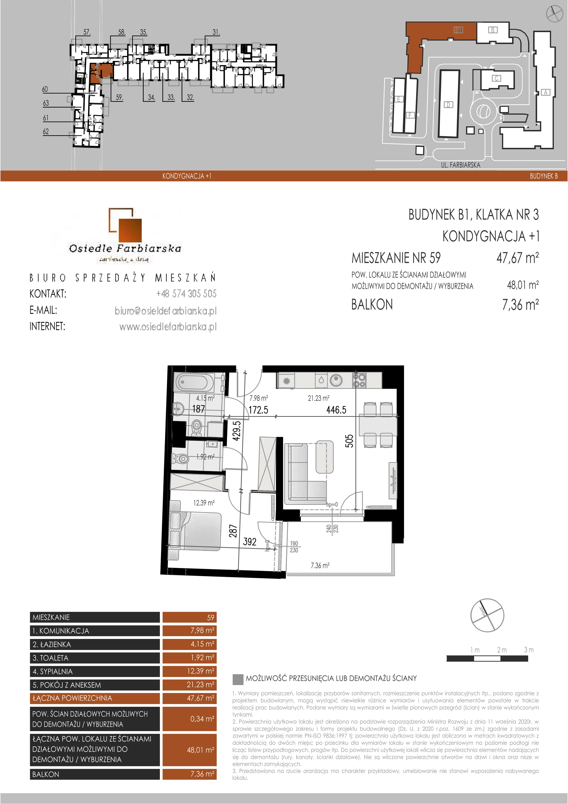 2 pokoje, mieszkanie 47,67 m², piętro 1, oferta nr B1.59, Osiedle Farbiarska, Tomaszów Mazowiecki, ul. Farbiarska 28, 32, 34