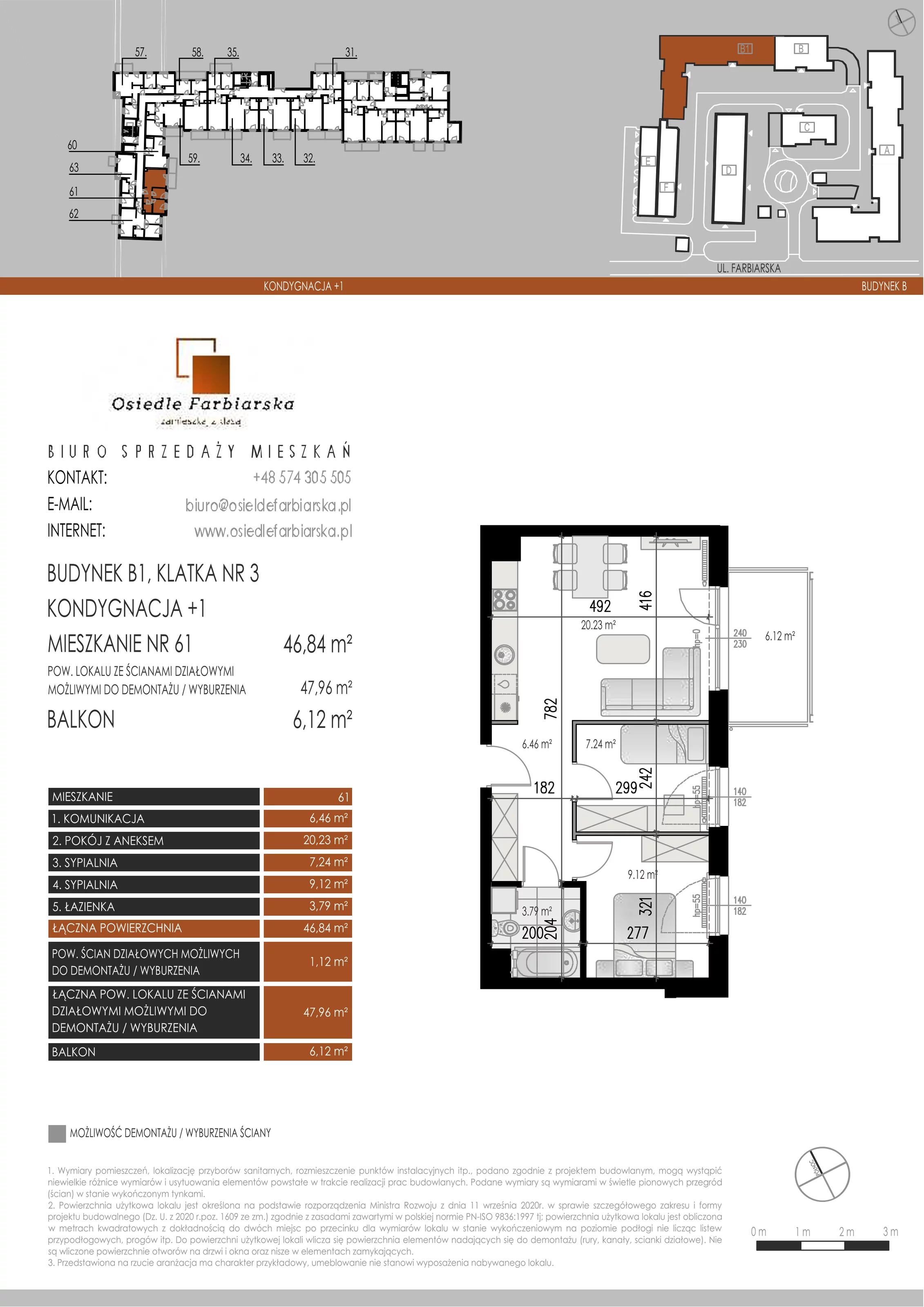 3 pokoje, mieszkanie 46,84 m², piętro 1, oferta nr B1.61, Osiedle Farbiarska, Tomaszów Mazowiecki, ul. Farbiarska 28, 32, 34