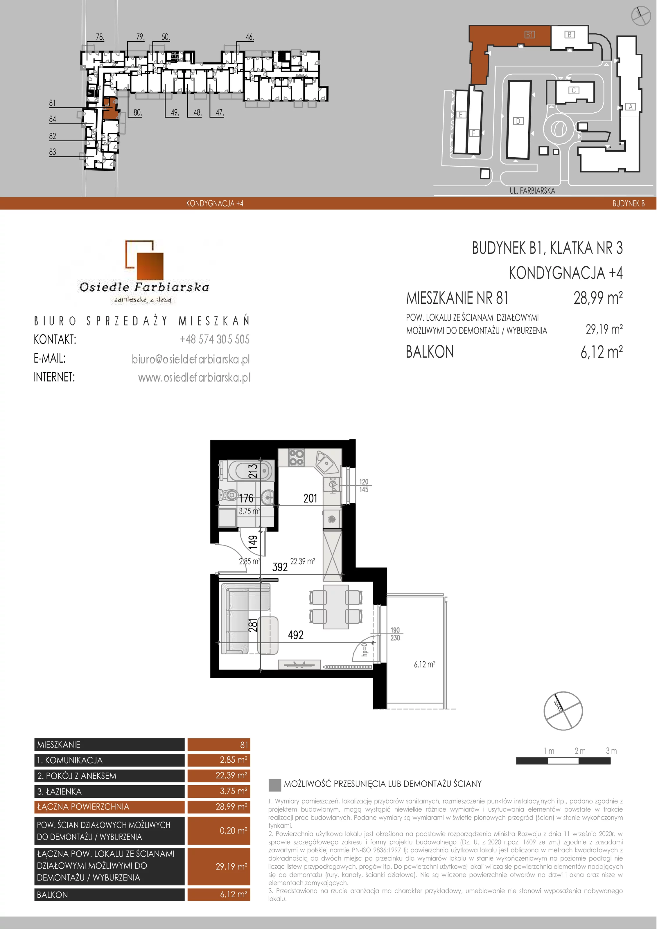 1 pokój, mieszkanie 28,99 m², piętro 4, oferta nr B1.81, Osiedle Farbiarska, Tomaszów Mazowiecki, ul. Farbiarska 28, 32, 34