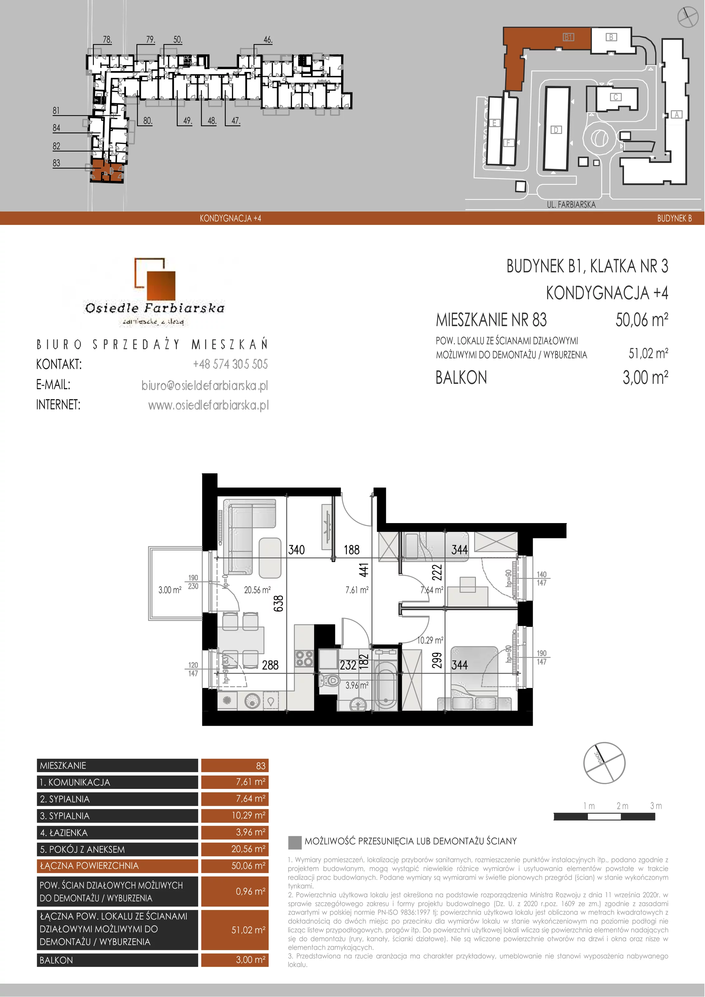 3 pokoje, mieszkanie 50,06 m², piętro 4, oferta nr B1.83, Osiedle Farbiarska, Tomaszów Mazowiecki, ul. Farbiarska 28, 32, 34