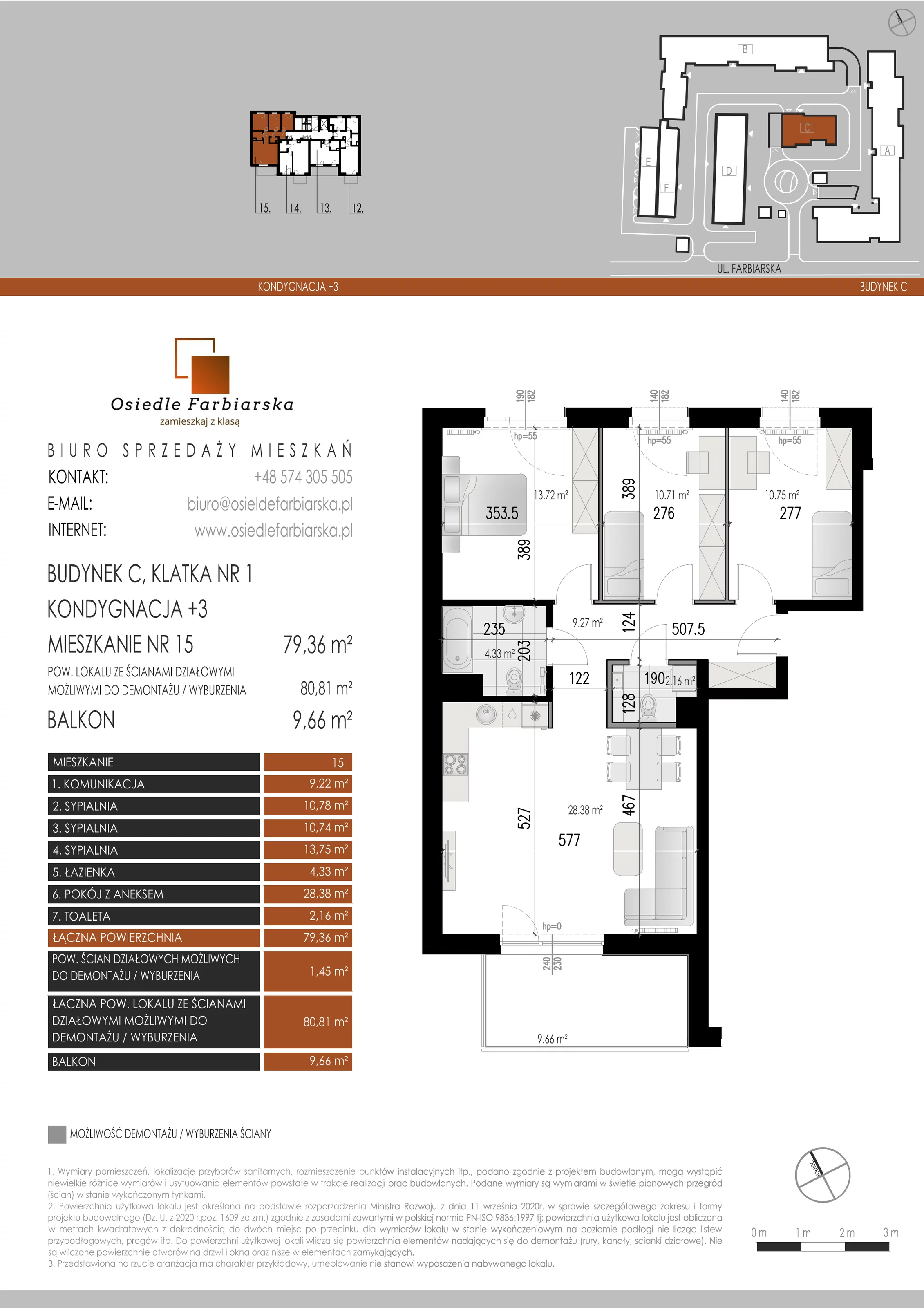 4 pokoje, mieszkanie 79,36 m², piętro 3, oferta nr C15, Osiedle Farbiarska, Tomaszów Mazowiecki, ul. Farbiarska 28, 32, 34