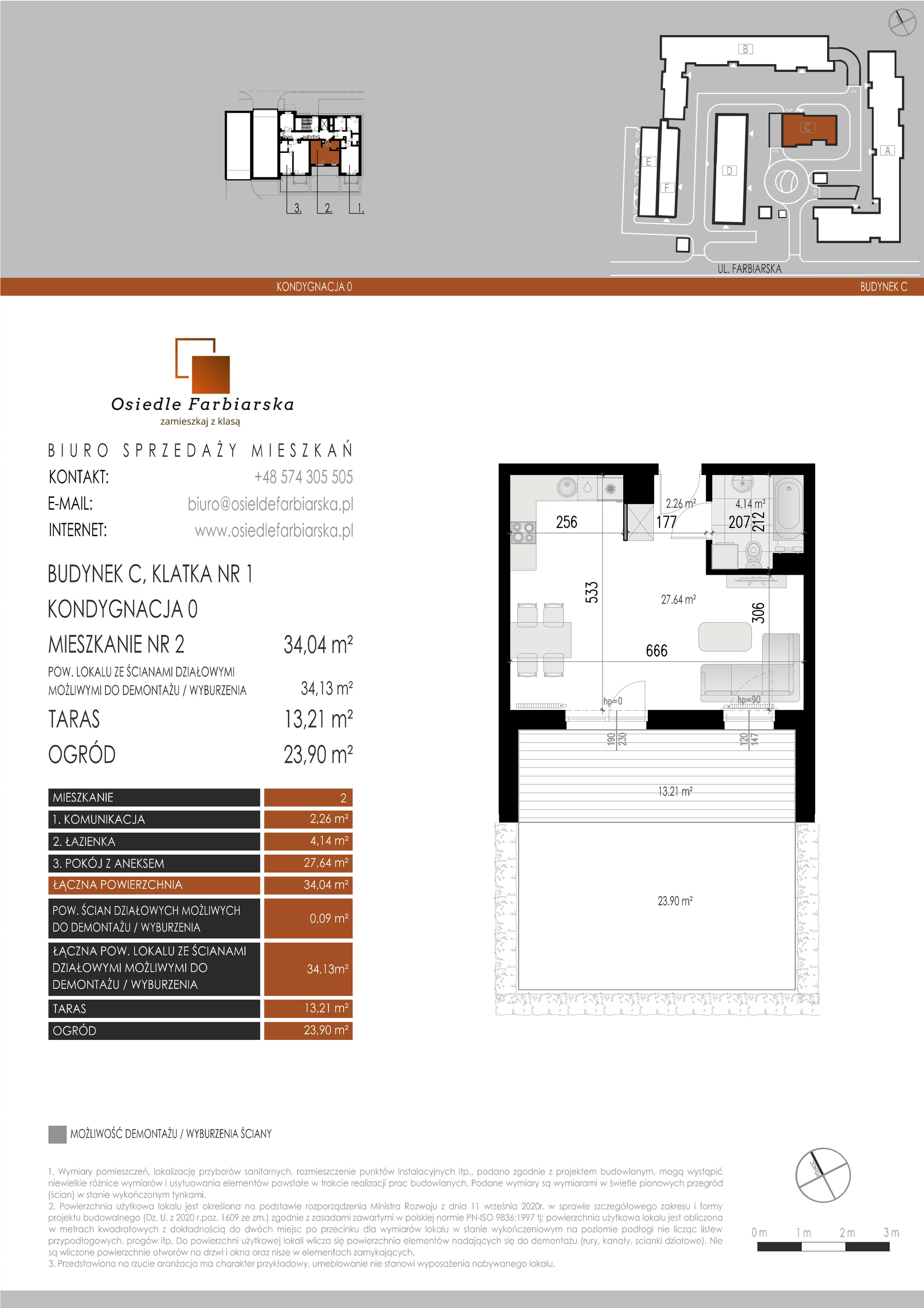 1 pokój, mieszkanie 34,04 m², parter, oferta nr C2, Osiedle Farbiarska, Tomaszów Mazowiecki, ul. Farbiarska 28, 32, 34