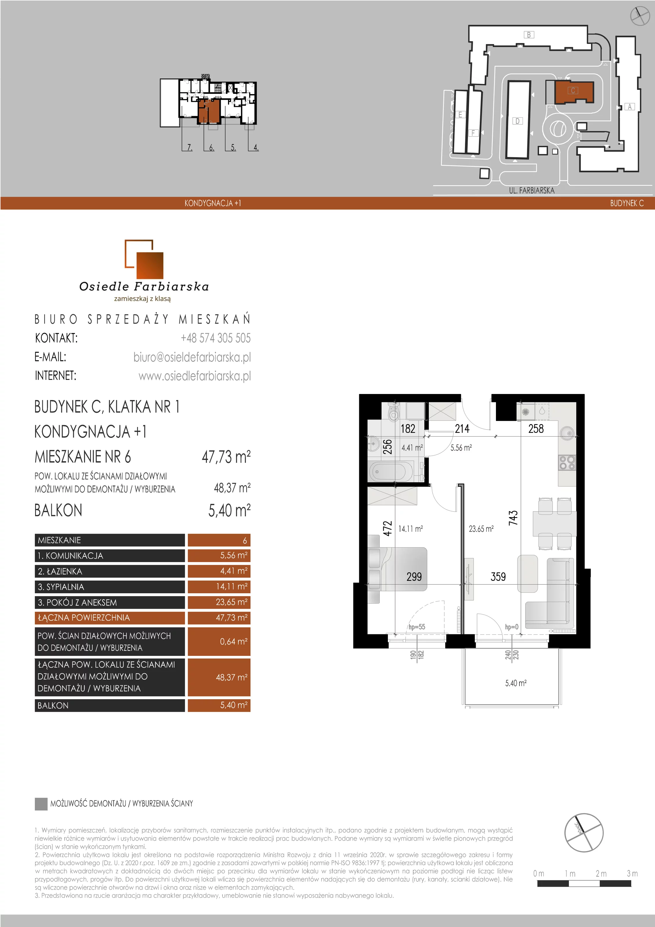 2 pokoje, mieszkanie 47,73 m², piętro 1, oferta nr C6, Osiedle Farbiarska, Tomaszów Mazowiecki, ul. Farbiarska 28, 32, 34