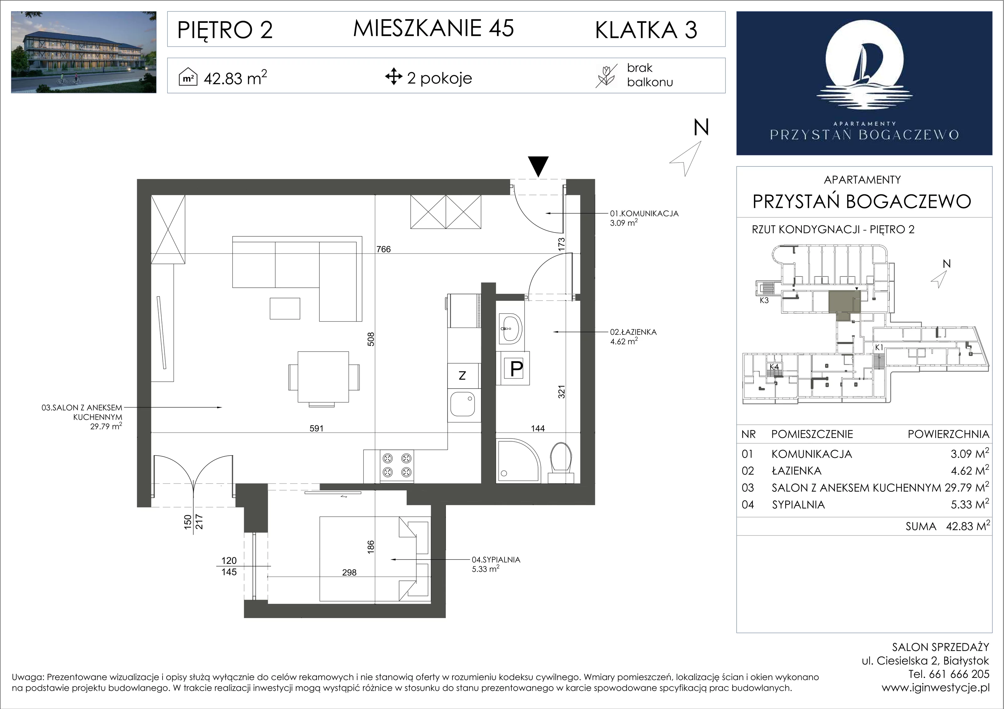 2 pokoje, apartament 42,77 m², piętro 2, oferta nr 45, Przystań Bogaczewo, Bogaczewo, ul. Bogaczewo 33a