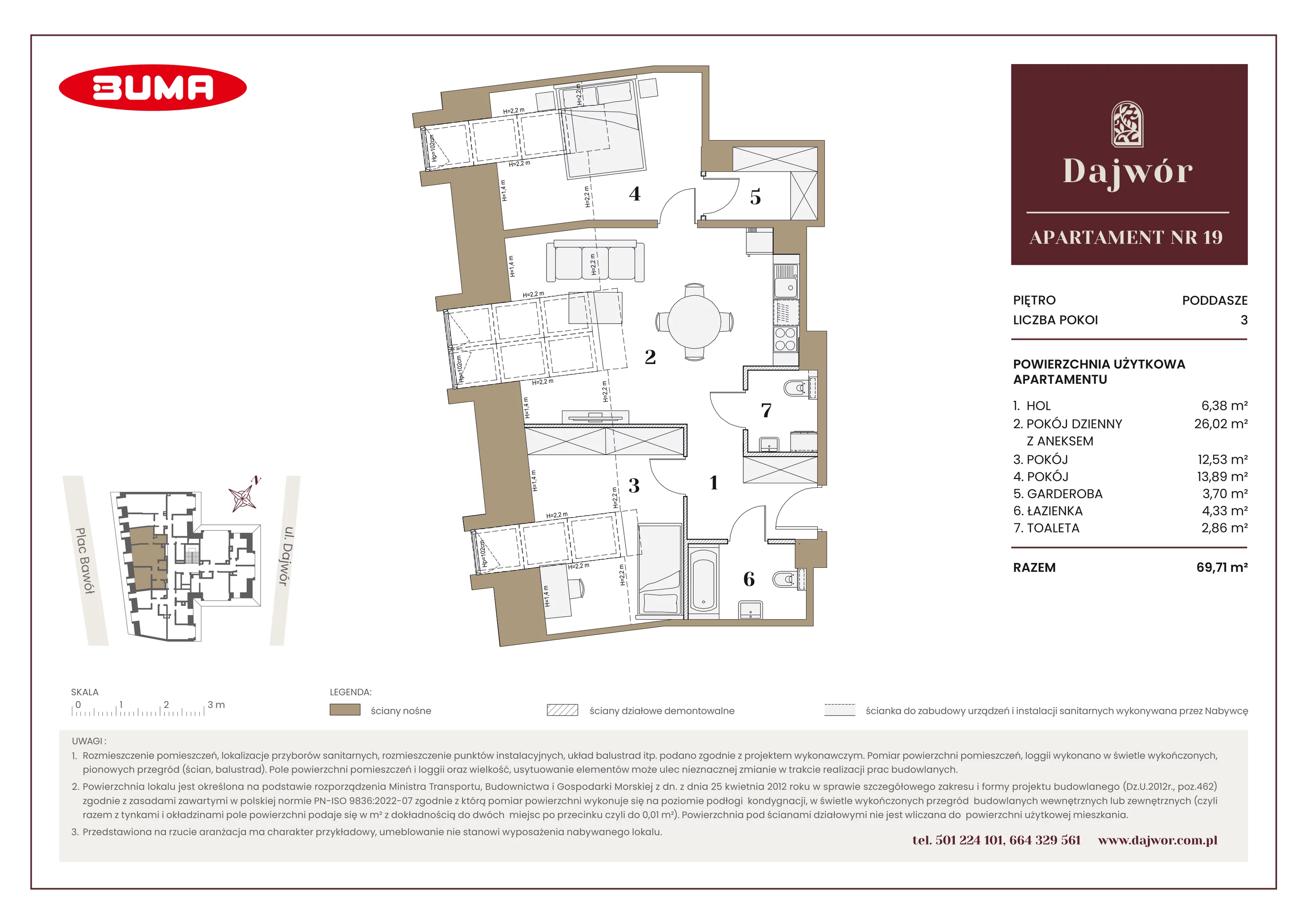 3 pokoje, mieszkanie 69,71 m², piętro 3, oferta nr A19, Dajwór, Kraków, Stare Miasto, Kazimierz, ul. Dajwór