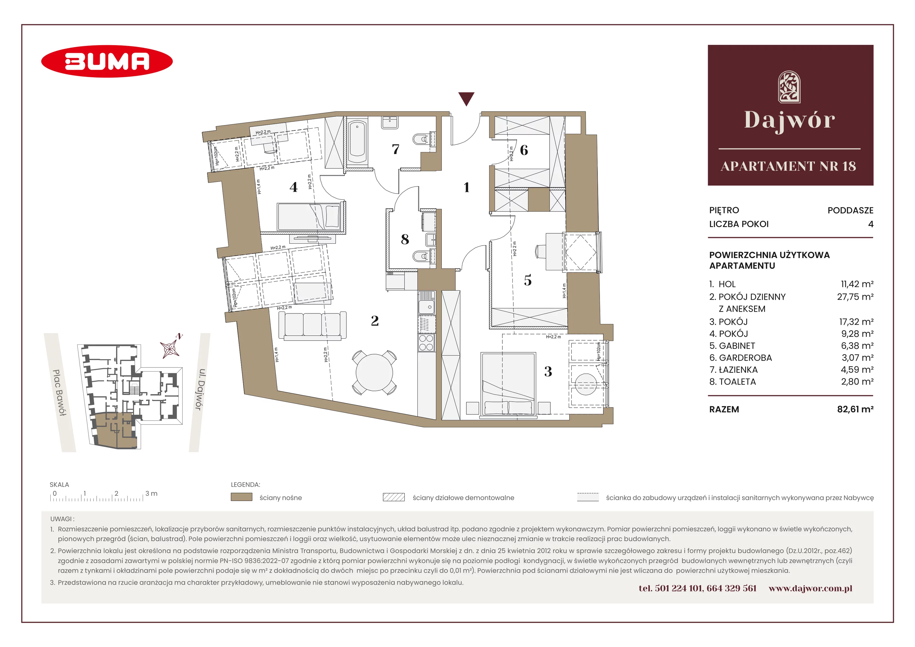 4 pokoje, mieszkanie 82,61 m², piętro 3, oferta nr A18, Dajwór, Kraków, Stare Miasto, Kazimierz, ul. Dajwór