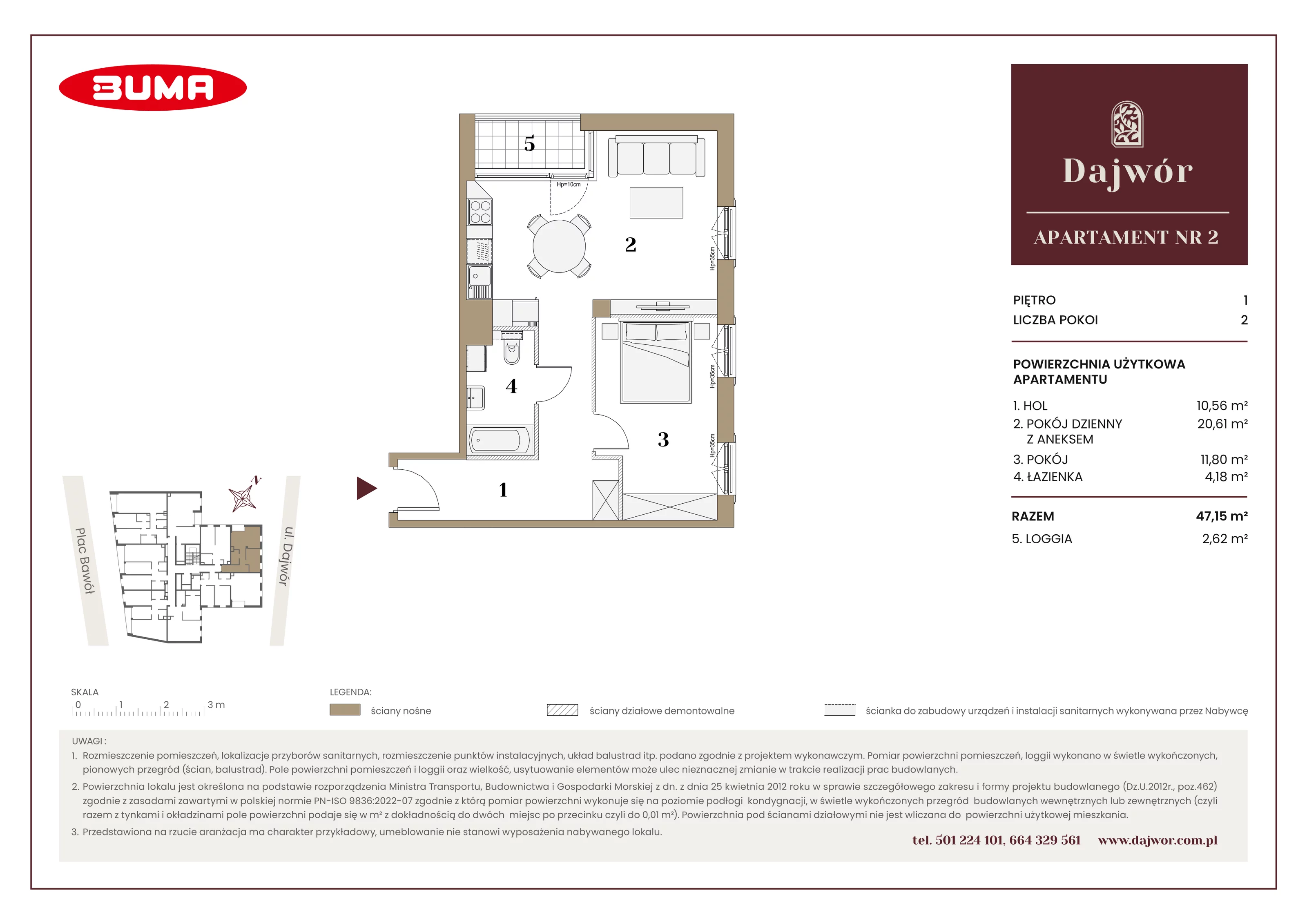 2 pokoje, mieszkanie 47,15 m², piętro 1, oferta nr A2, Dajwór, Kraków, Stare Miasto, Kazimierz, ul. Dajwór