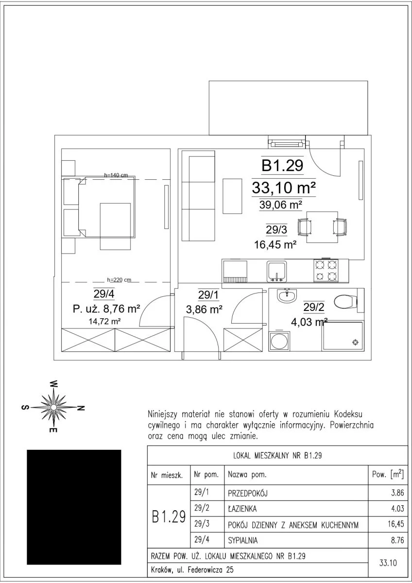 2 pokoje, mieszkanie 39,06 m², piętro 2, oferta nr , B1.29-503, Kraków, Dębniki, Ruczaj, Federowicza