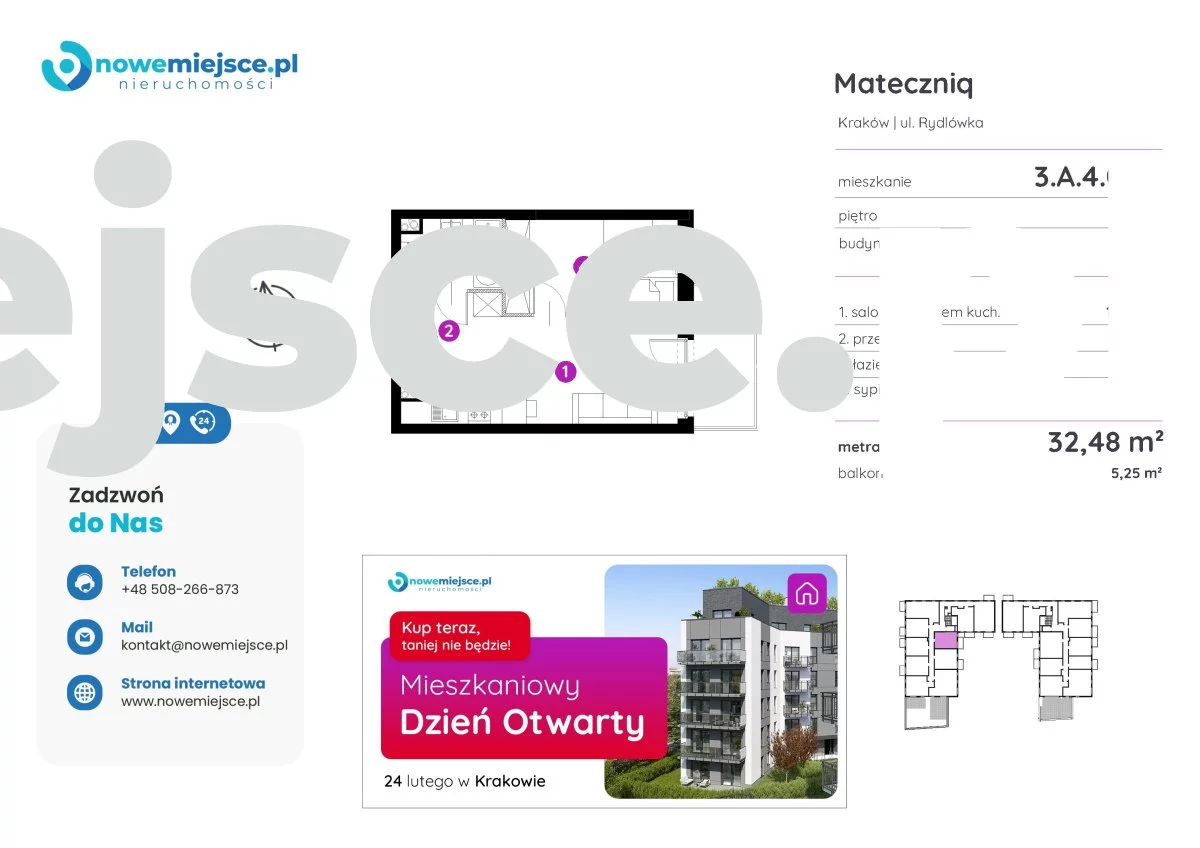 2 pokoje, mieszkanie 32,48 m², piętro 4, oferta nr , 3.A.4.03-258, Kraków, Podgórze, Rydlówka
