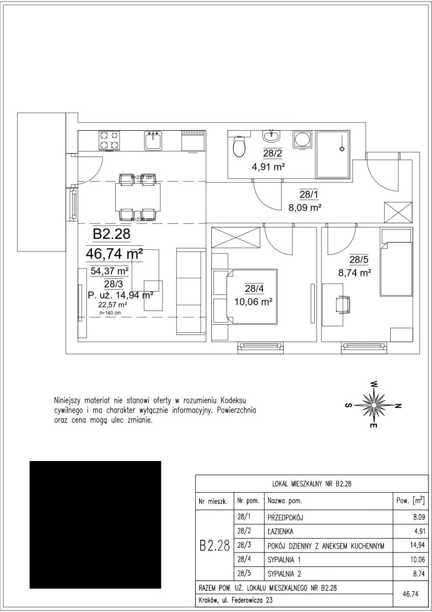 3 pokoje, mieszkanie 54,37 m², piętro 2, oferta nr , B2.28-505, Kraków, Dębniki, Ruczaj, Federowicza
