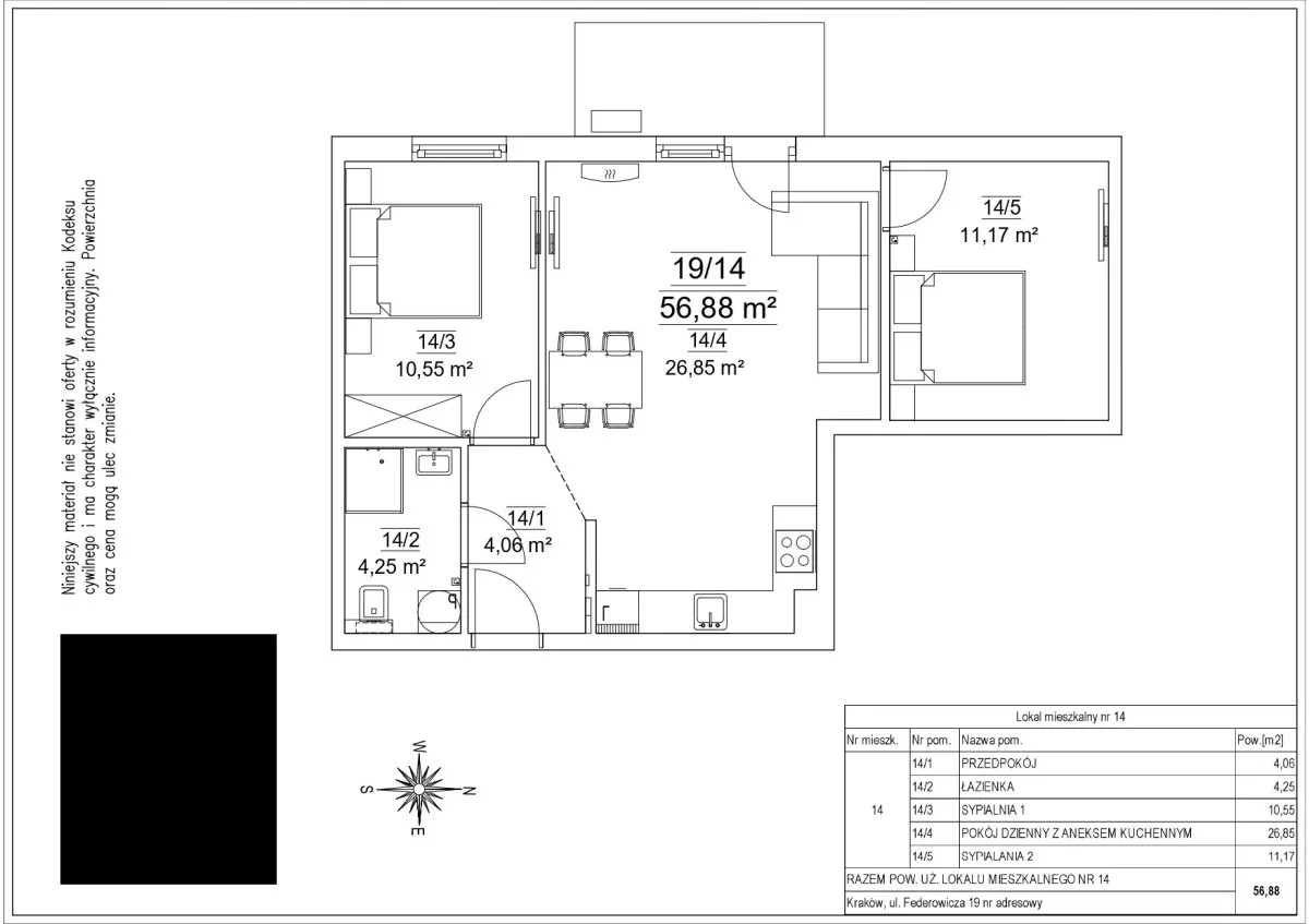 3 pokoje, mieszkanie 56,88 m², piętro 1, oferta nr , 19.4-506, Kraków, Dębniki, Ruczaj, Federowicza