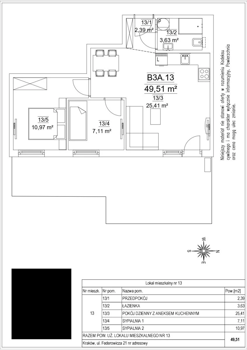 3 pokoje, mieszkanie 49,51 m², parter, oferta nr , 21.13-507, Kraków, Dębniki, Ruczaj, Federowicza