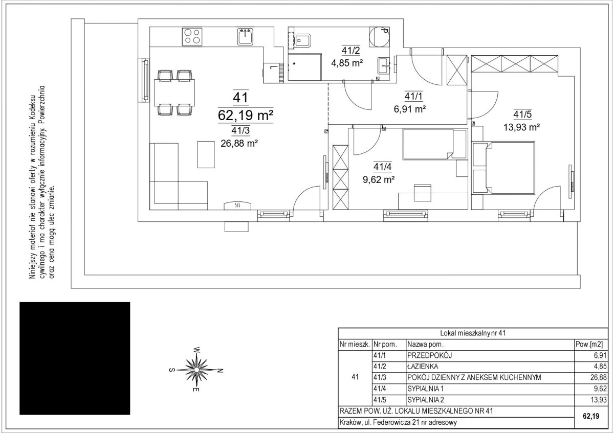3 pokoje, mieszkanie 62,19 m², piętro 3, oferta nr , 21.41-508, Kraków, Dębniki, Ruczaj, Federowicza