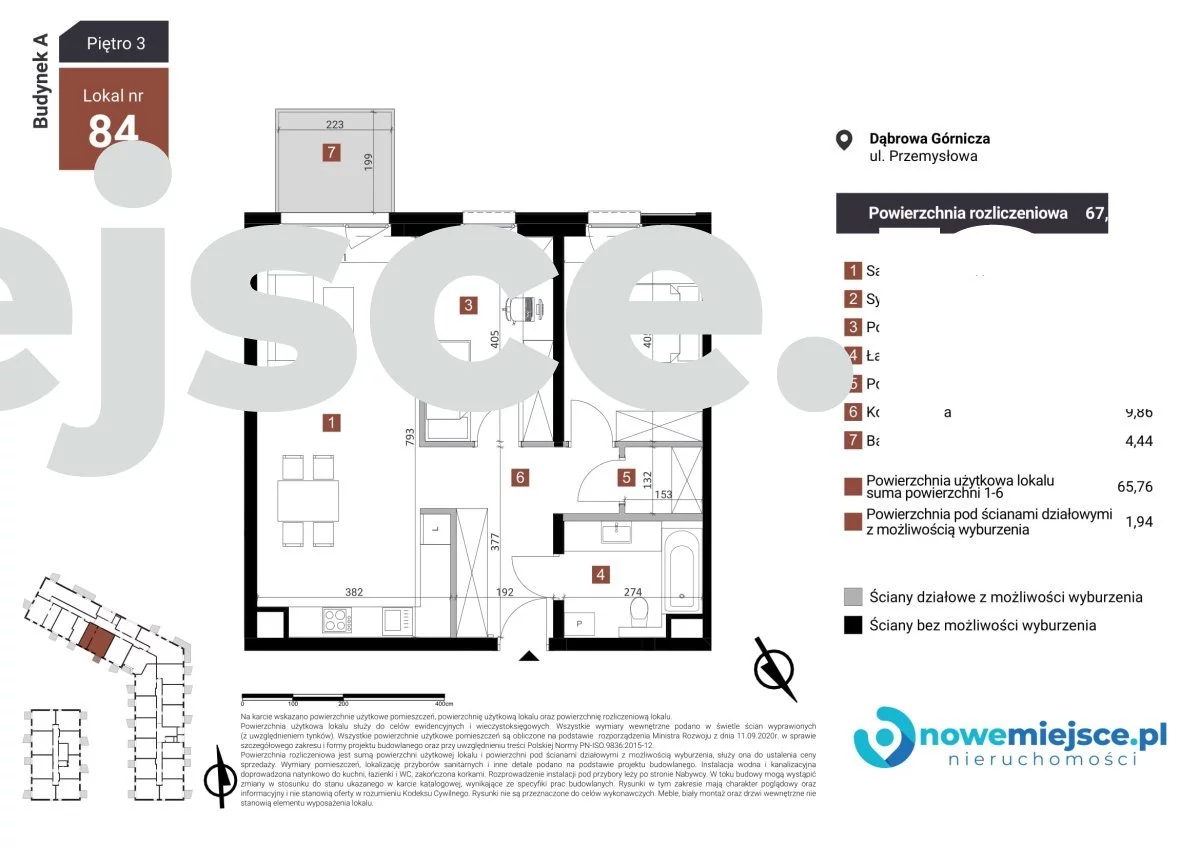 3 pokoje, mieszkanie 67,70 m², piętro 3, oferta nr , A.3.84-433, Dąbrowa Górnicza, Reden, Reden, Przemysłowa