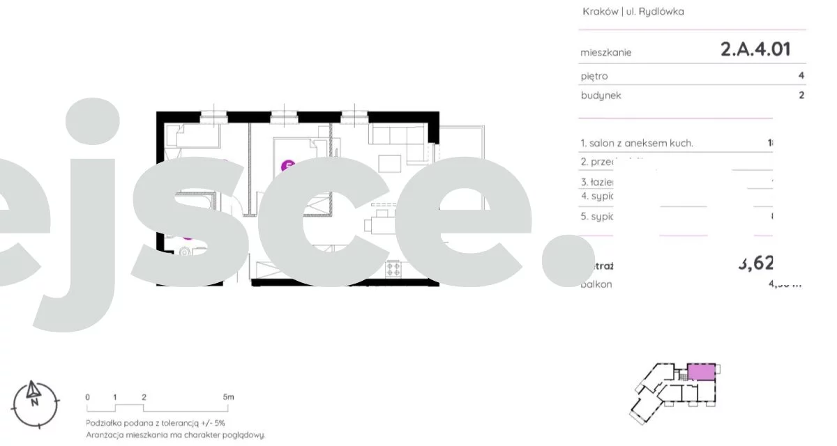 3 pokoje, mieszkanie 48,62 m², piętro 4, oferta nr , 2.A.4.01-291, Kraków, Podgórze, Rydlówka