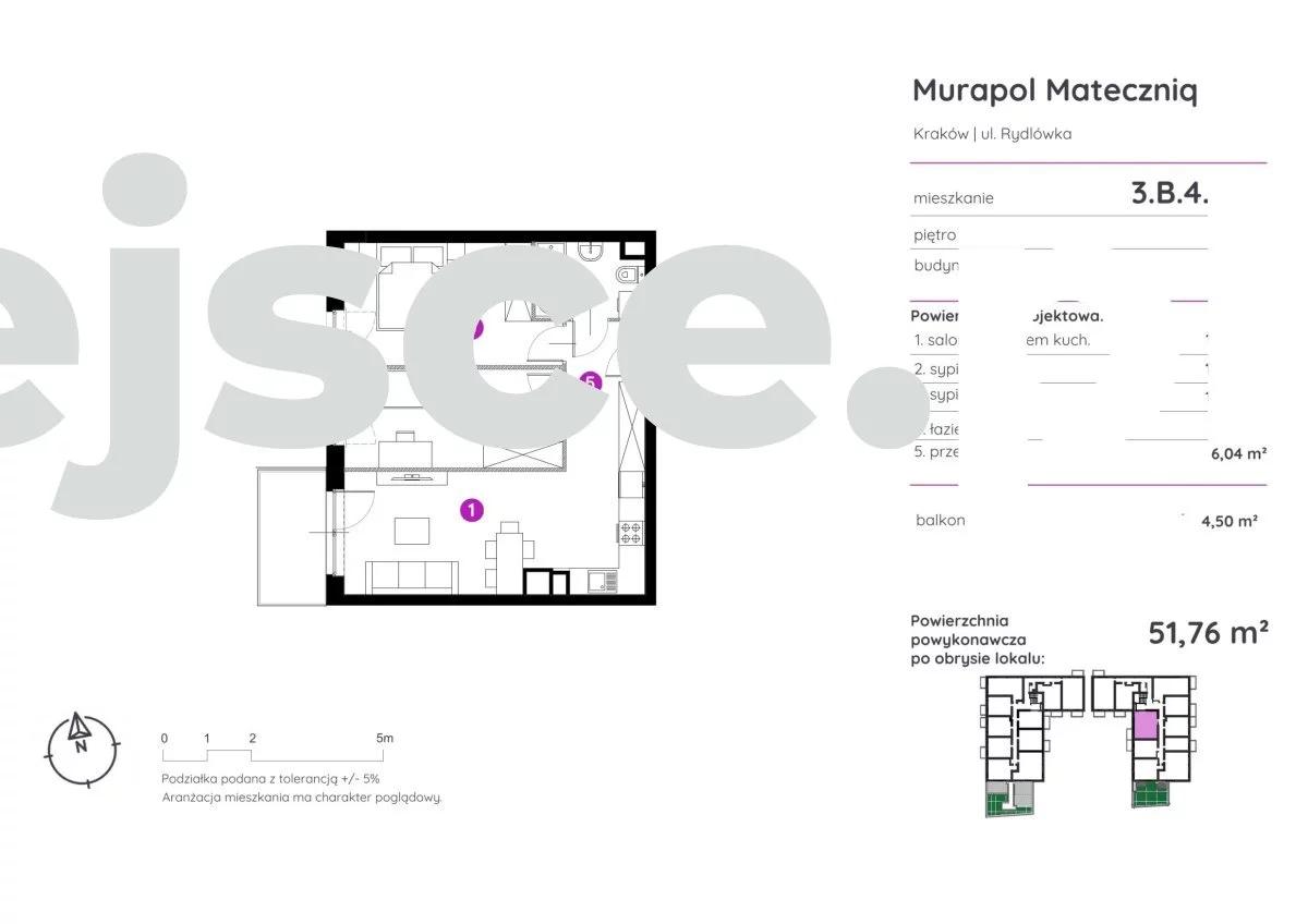 3 pokoje, mieszkanie 51,76 m², piętro 4, oferta nr , 3.B.44.10-436, Kraków, Podgórze, Rydlówka