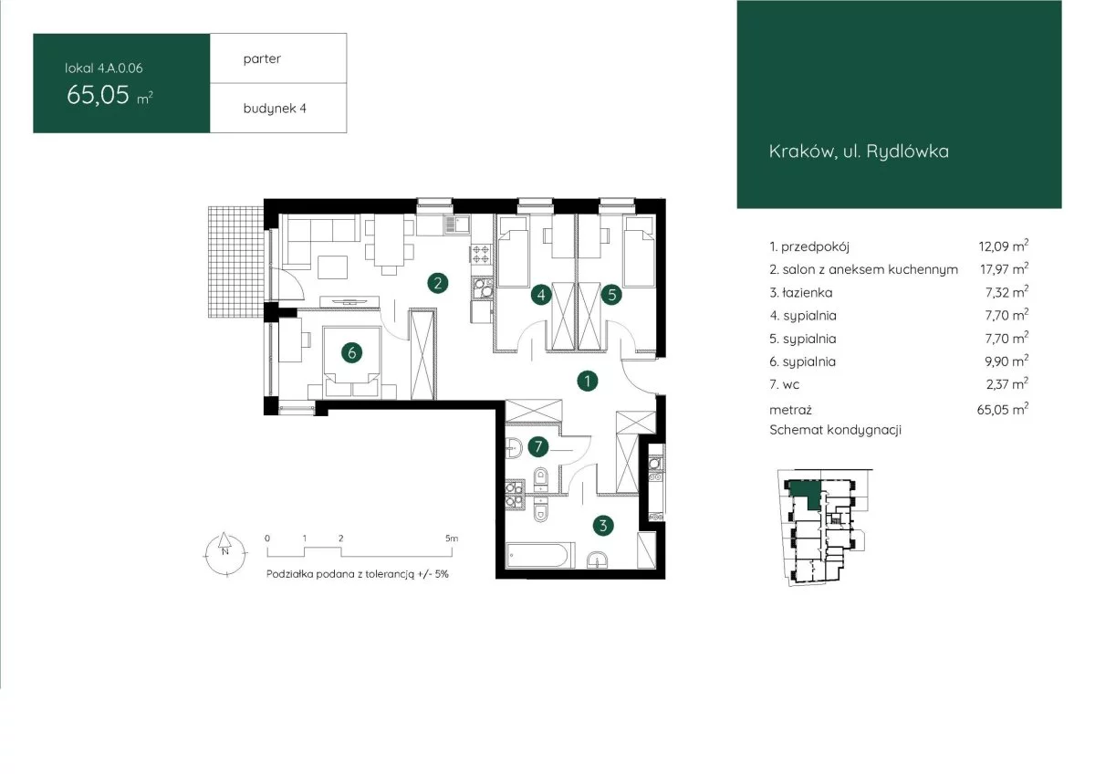 4 pokoje, mieszkanie 65,05 m², parter, oferta nr , 162/NWM/MS-517, Kraków, Podgórze, Rydlówka