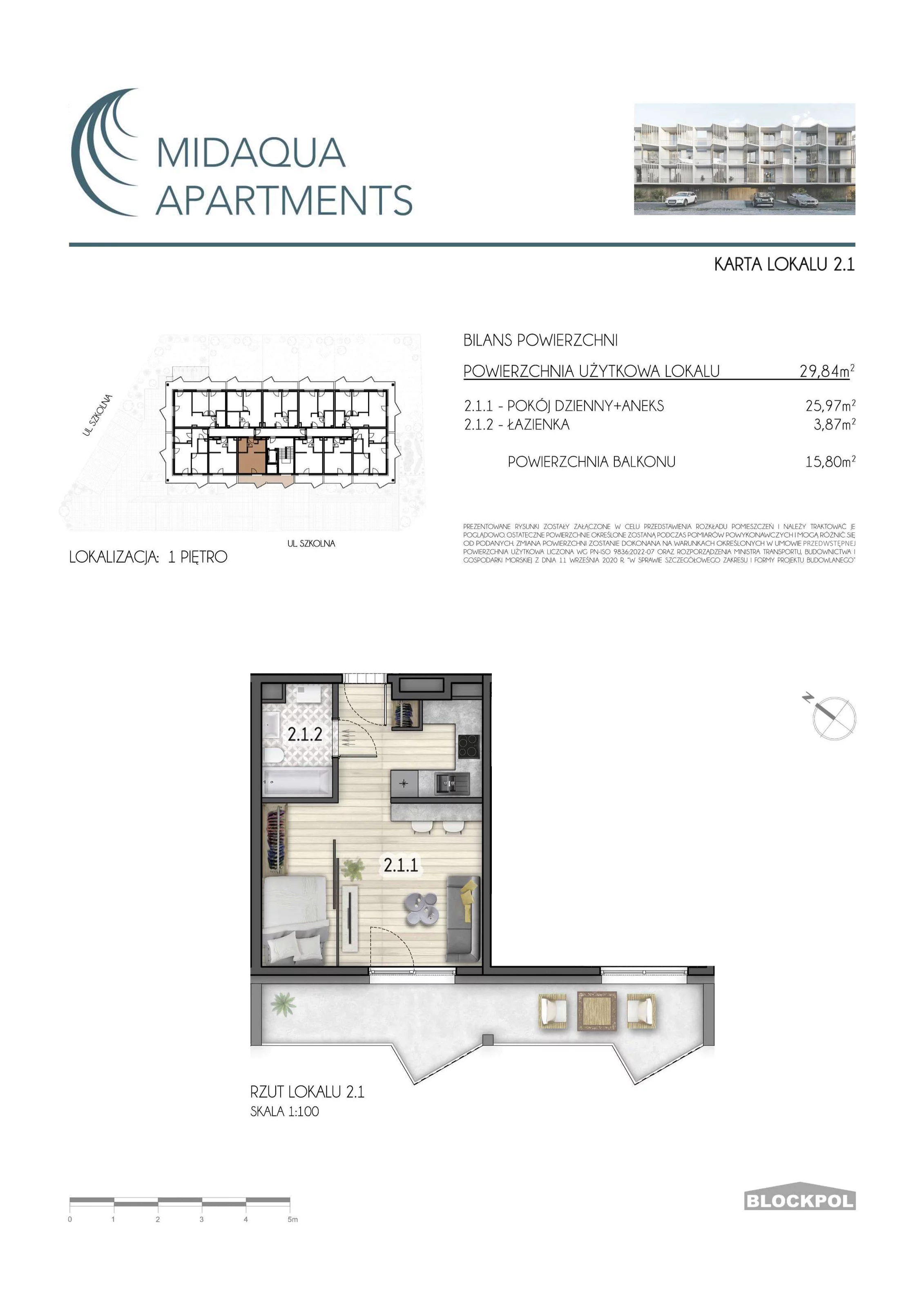 1 pokój, apartament 29,84 m², piętro 1, oferta nr 2.1, MidAqua Apartments, Międzywodzie, ul. Szkolna