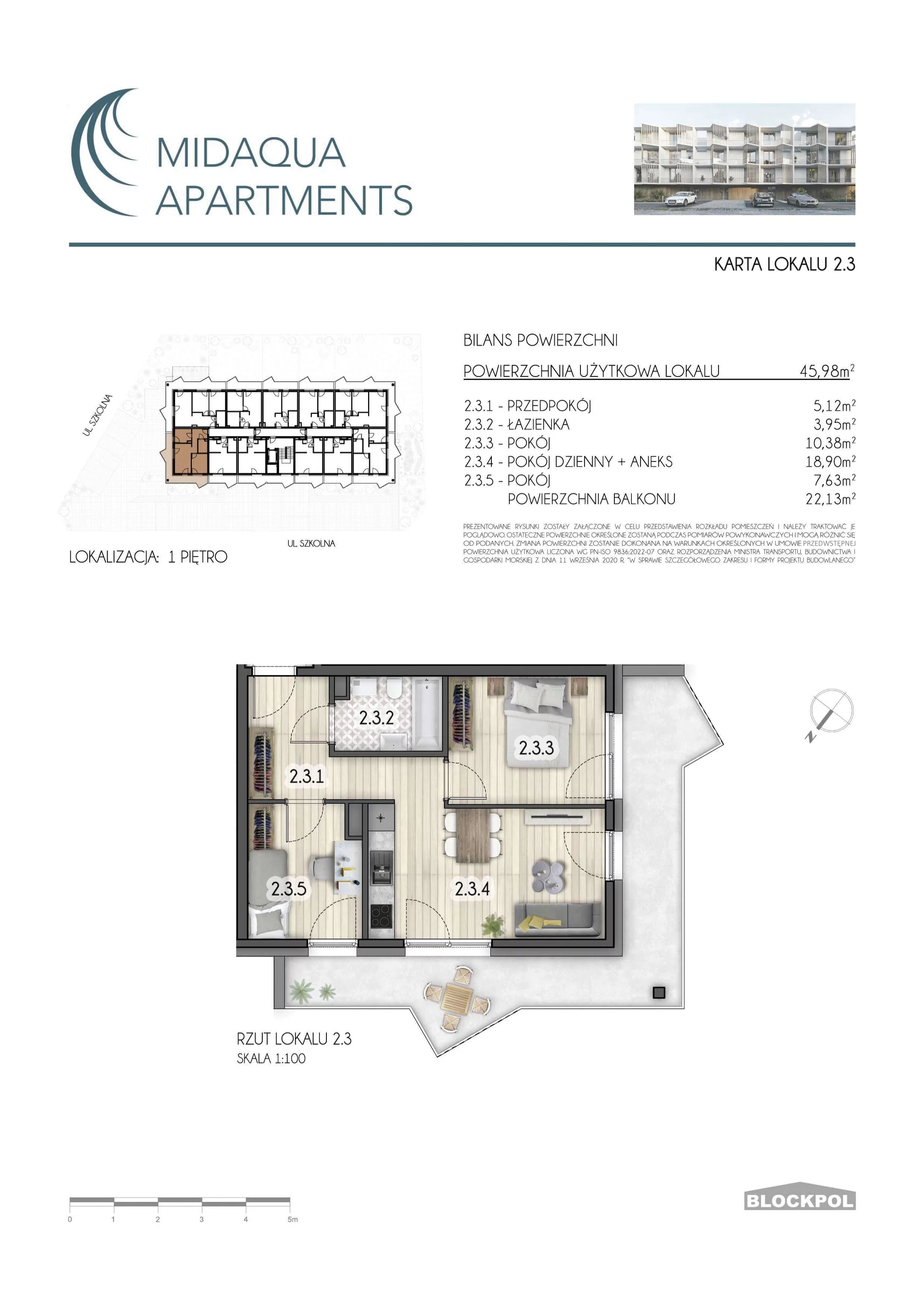 3 pokoje, apartament 45,98 m², piętro 1, oferta nr 2.3, MidAqua Apartments, Międzywodzie, ul. Szkolna